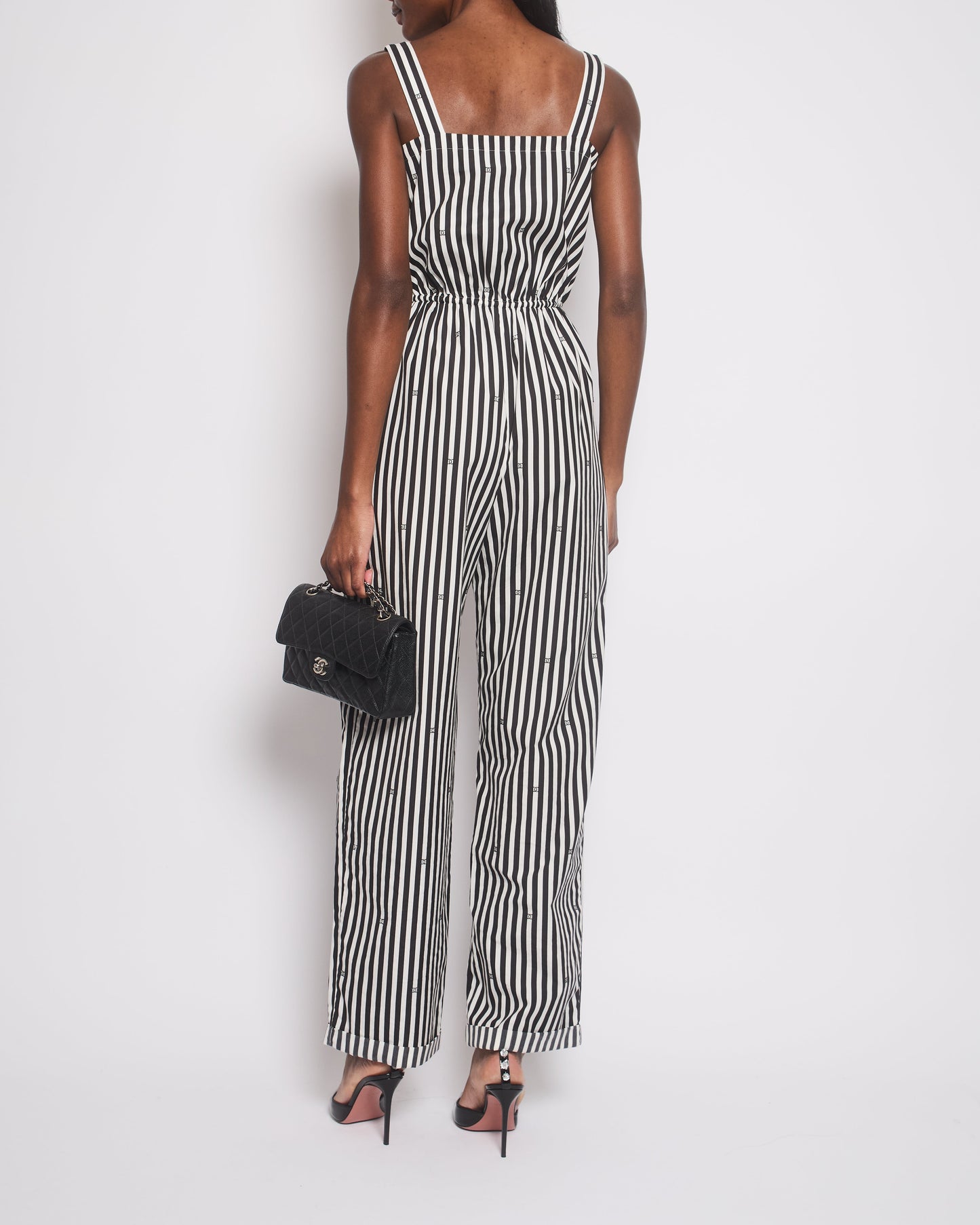 Chanel White and Black Striped Jumpsuit with Crystal CC Logos and Adjustable Straps Size (UK 8) Accessory