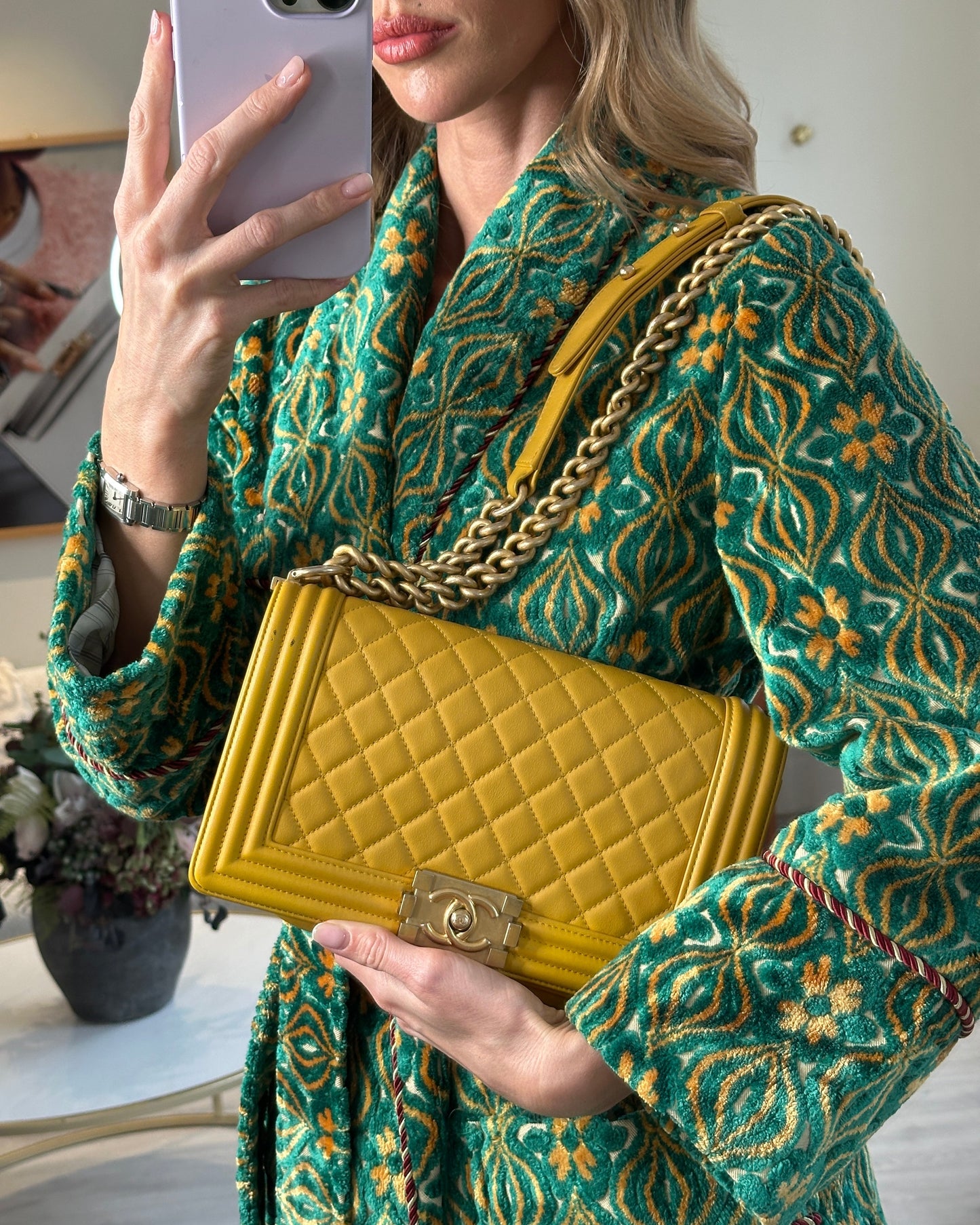 Chanel Mustard Yellow Medium Boy in Calfskin Leather with Antique Gold Hardware Accessory