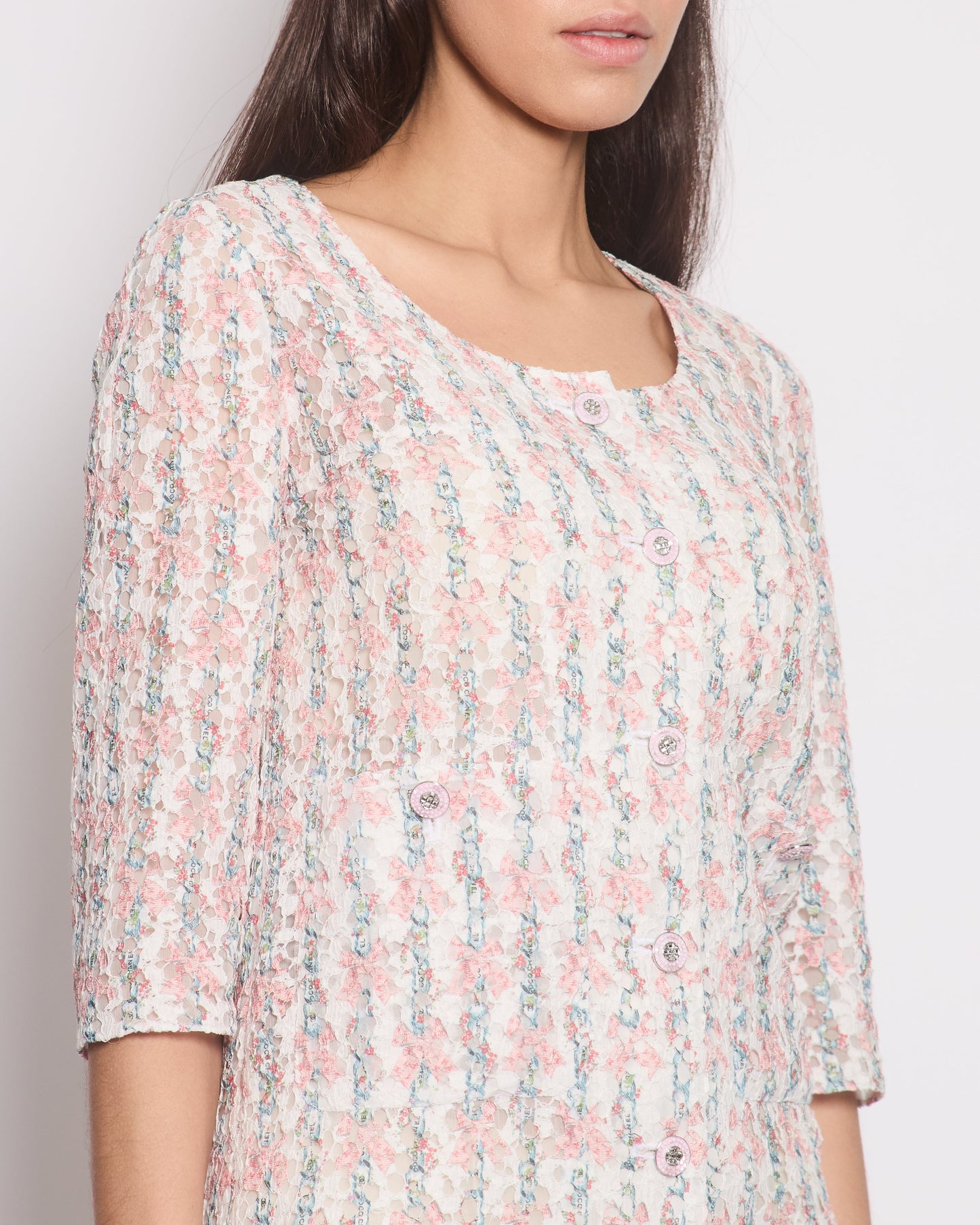 Chanel *HOT* Pink & White 3/4 Sleeve Dress with Floral Lace Detail & Crystal Buttons Size FR 34 (UK 6) RRP £5700
