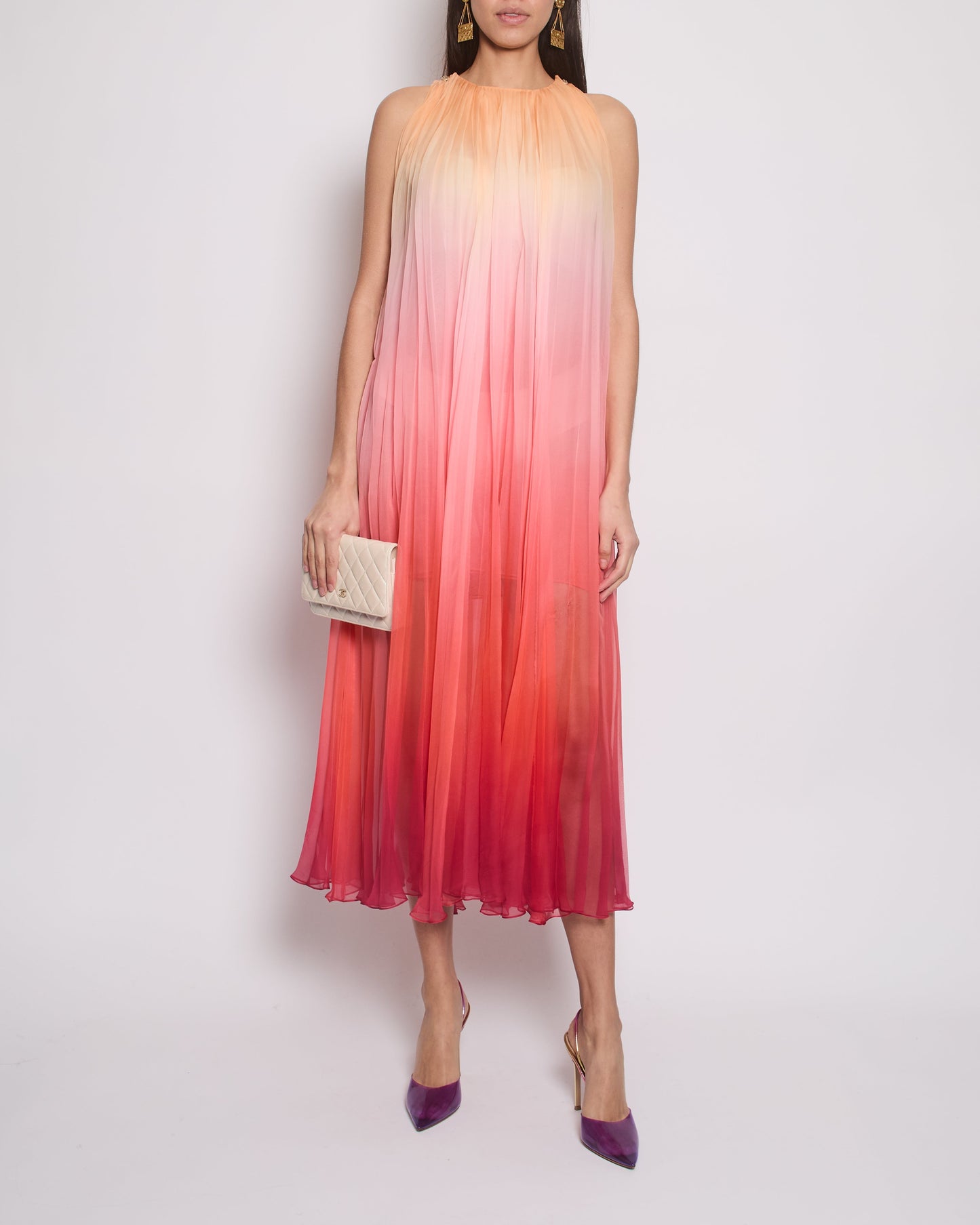 Chanel Ombre Pink, Peach and Orange Silk Pleated Sleeveless Midi Dress Size FR 34 (UK 6) RRP £5,500