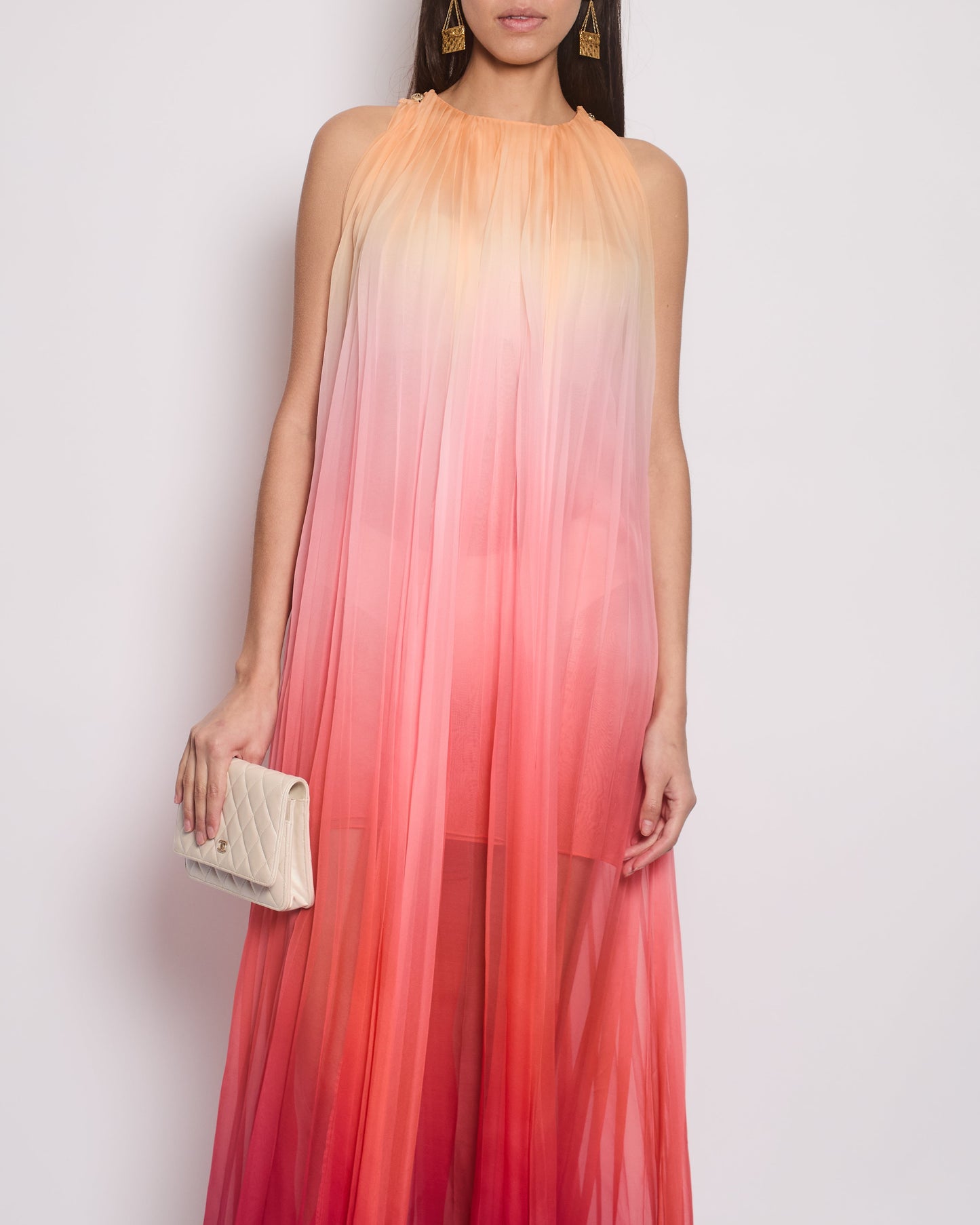Chanel Ombre Pink, Peach and Orange Silk Pleated Sleeveless Midi Dress Size FR 34 (UK 6) RRP £5,500
