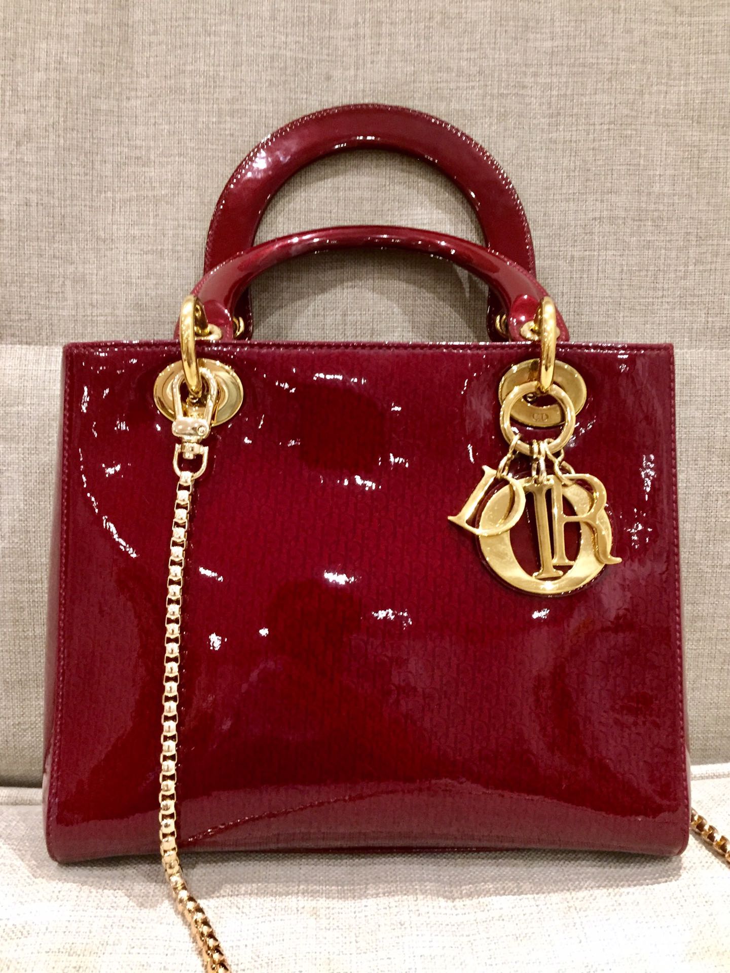 Dior Lady Medium Patent Embossed Handbag Gold Hardware Leather Monogram Travel Bag