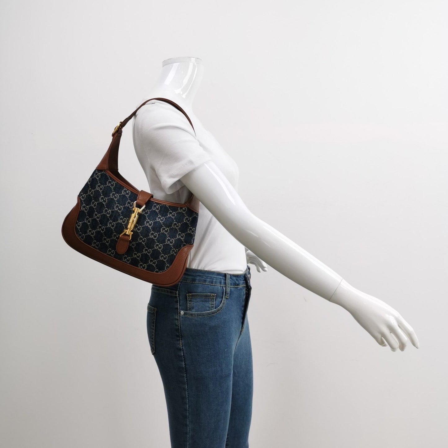 Gucci Jackie Small Handbag In Blue And Brown Leather Denim Travel Bag