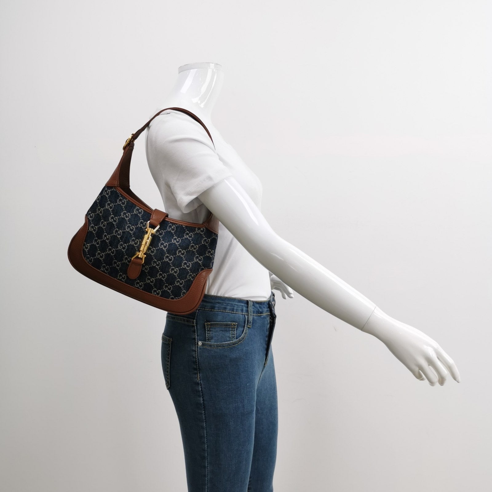 Gucci Jackie Small Handbag In Blue And Brown Leather Denim Travel Bag