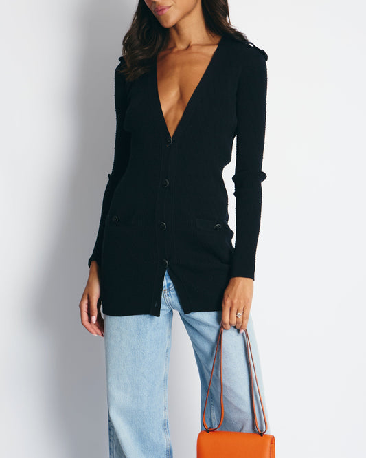 Chanel Black Ribbed Cardigan with Shoulder Button Detail FR 34 (UK 6) RRP £2,450 Apparel