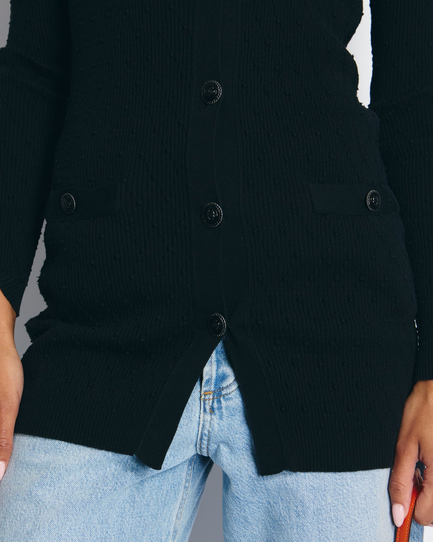 Chanel Black Ribbed Cardigan with Shoulder Button Detail FR 34 (UK 6) RRP £2,450 Apparel