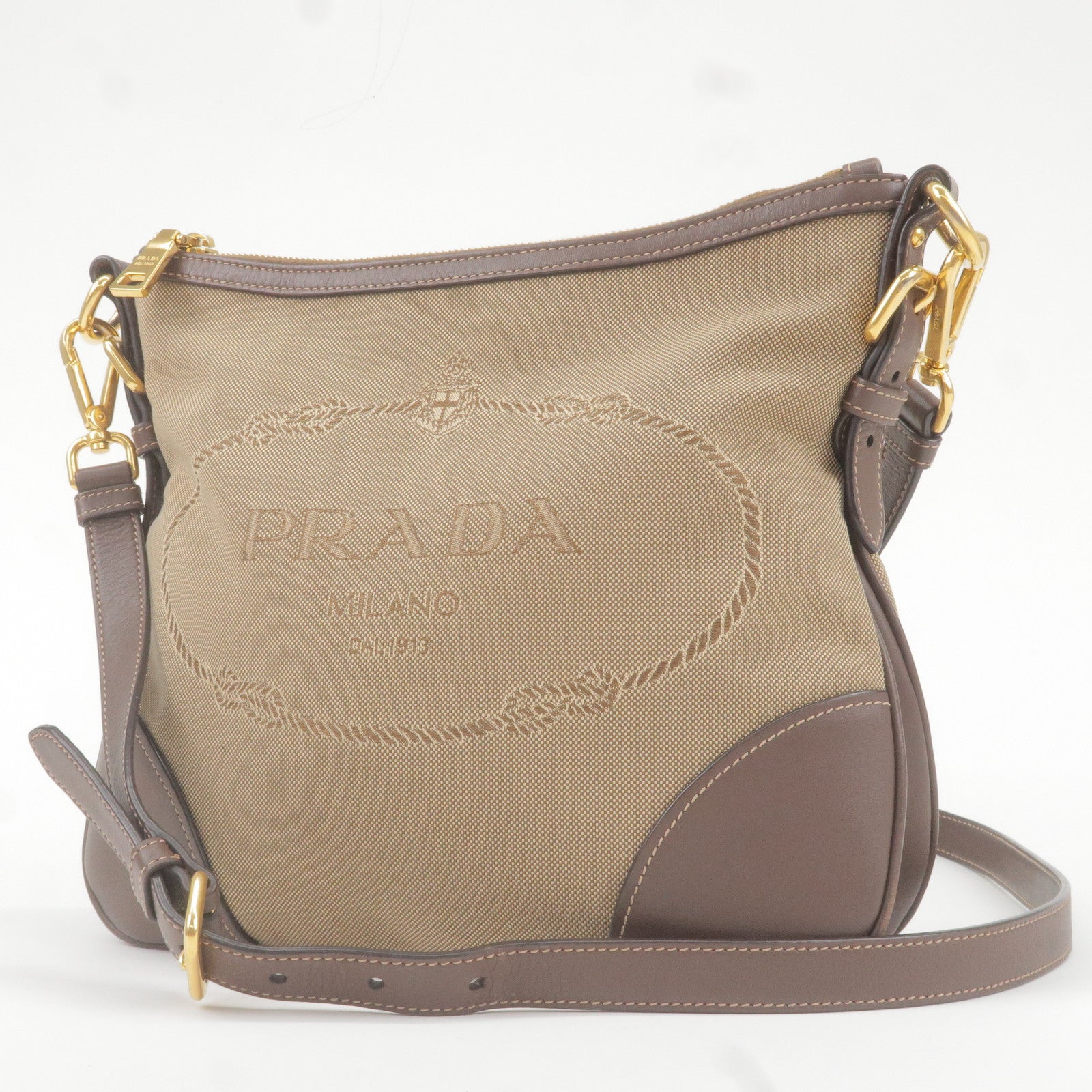 Prada Prada Logo Jacquard Leather Shoulder Bag Beige Brown Bt867A 36240 3