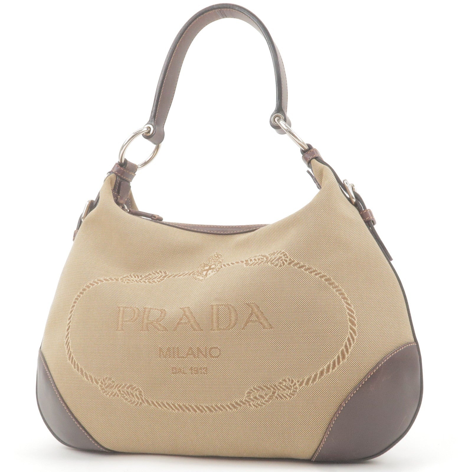 Prada Prada Logo Jacquard Leather Shoulder Bag Beige Brown Brown 36505 6