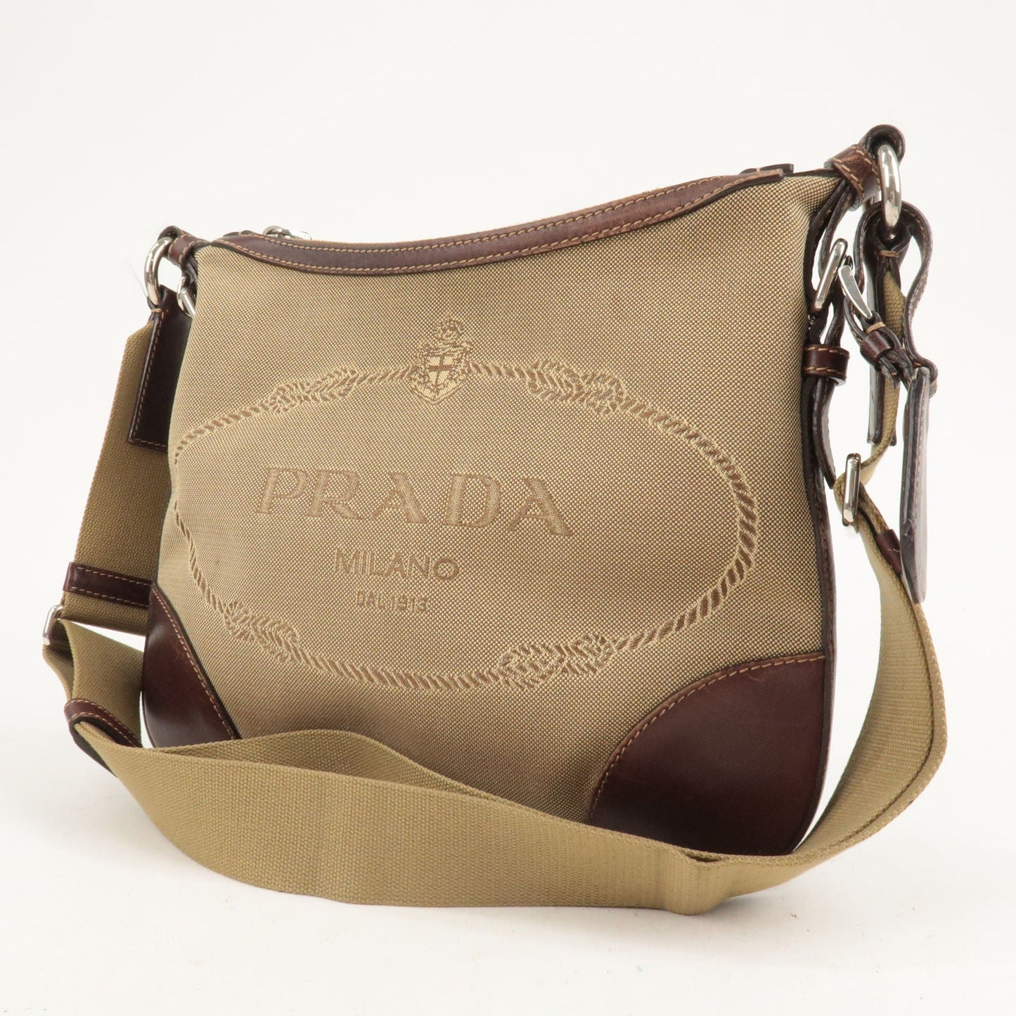 Prada Prada Logo Jacquard Leather Shoulder Bag Beige Brown Bt0533 36731 12