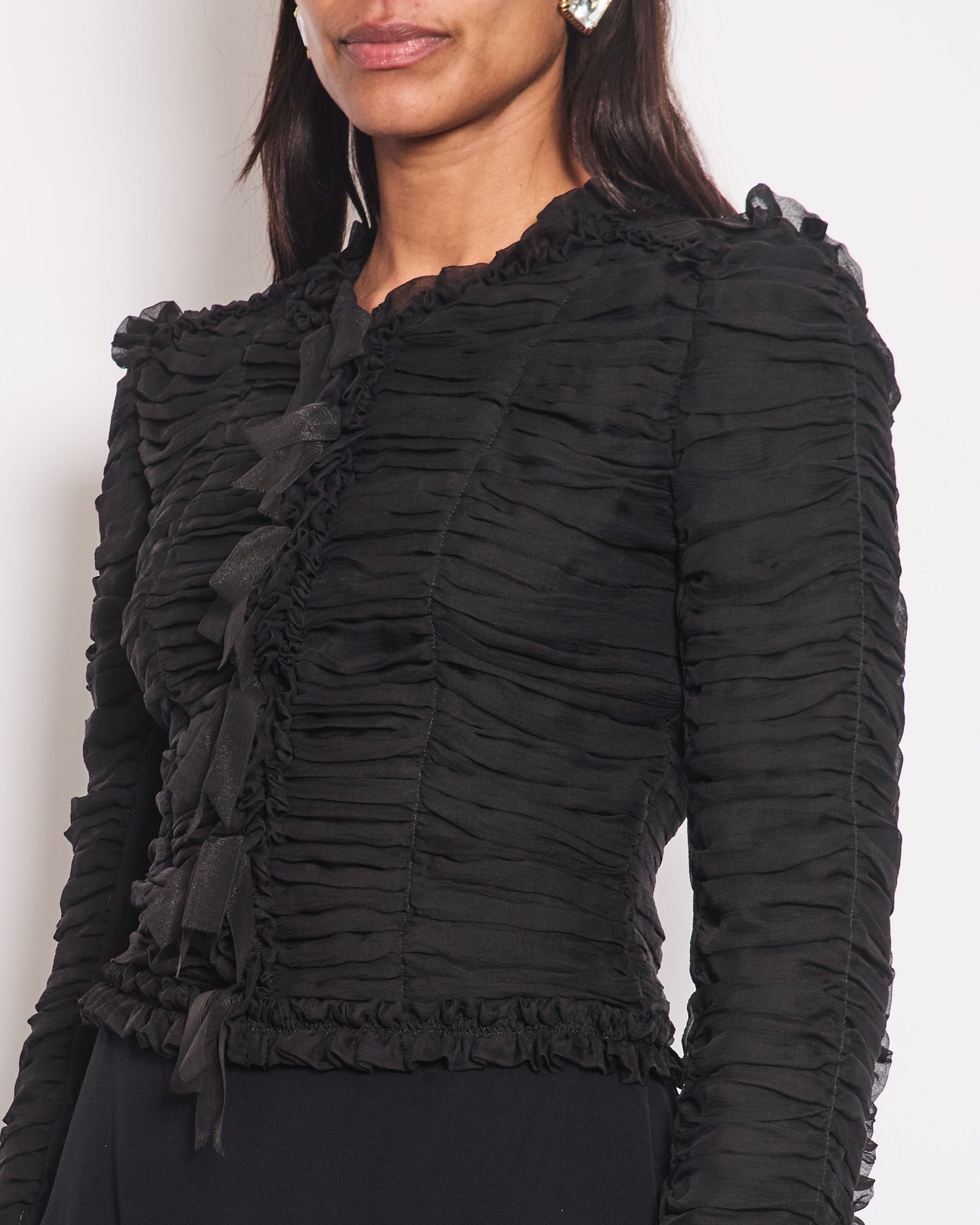 Chanel Black Ruched Long Sleeve Silk Blo with Bows Detail FR 38 (UK 10) Accessory