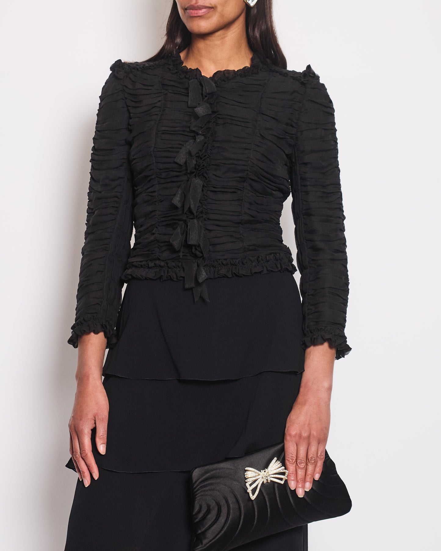 Chanel Black Ruched Long Sleeve Silk Blo with Bows Detail FR 38 (UK 10) Accessory