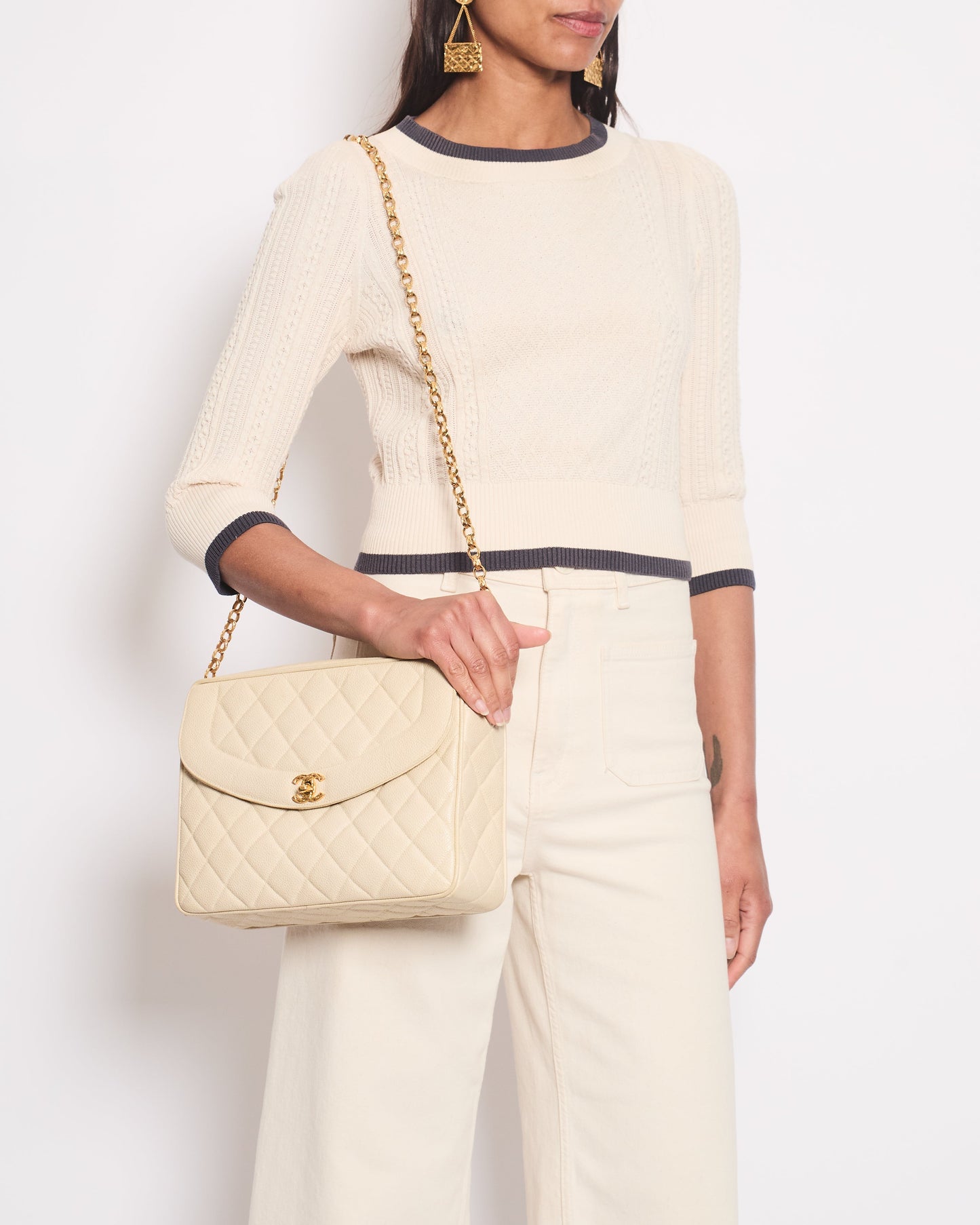Chanel Cream Knitted Long Sleeve Cardigan With Dark Grey Trim and Gold Buttons Details Size FR 38 (UK 10) Apparel