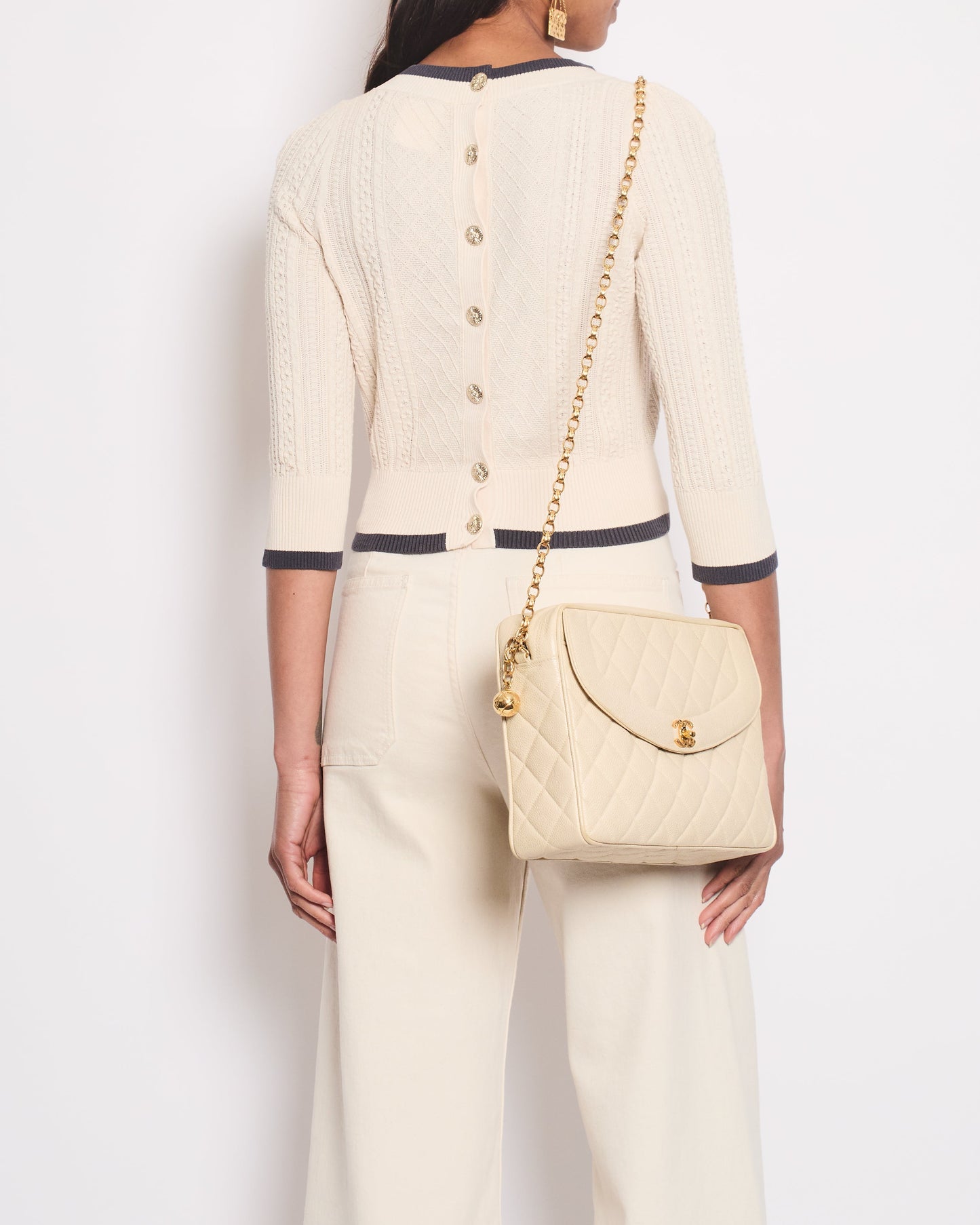 Chanel Cream Knitted Long Sleeve Cardigan With Dark Grey Trim and Gold Buttons Details Size FR 38 (UK 10) Apparel
