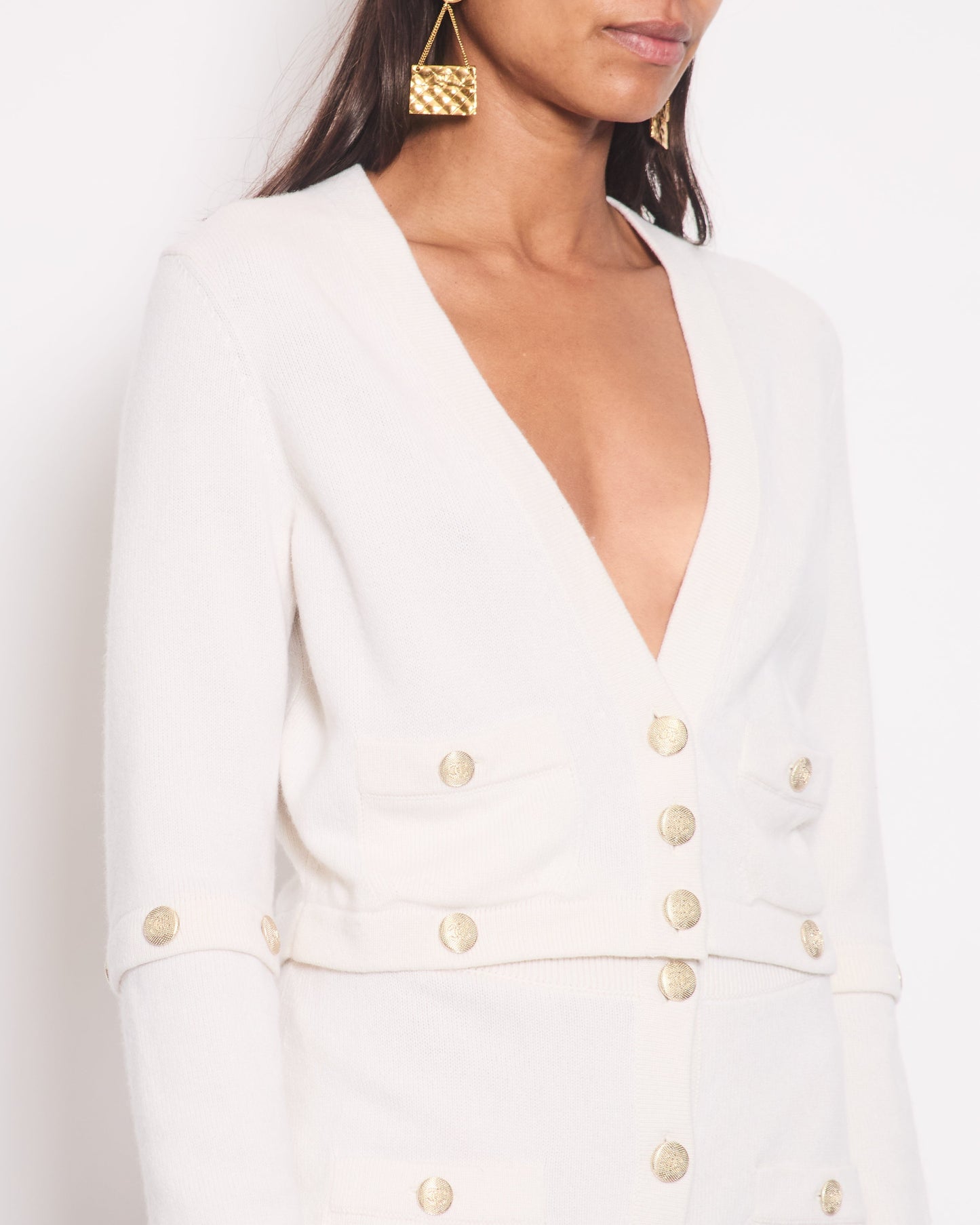 Chanel *HOT* White Long-Line Cashmere Dress with Gold CC Buttons Detail Size FR 34 (UK 6)
