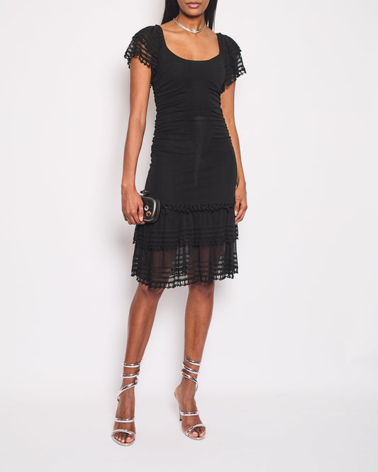 Chanel Black Short Sleeve Midi Dress With Crochet and Ruching Detail FR 36 (UK 8)