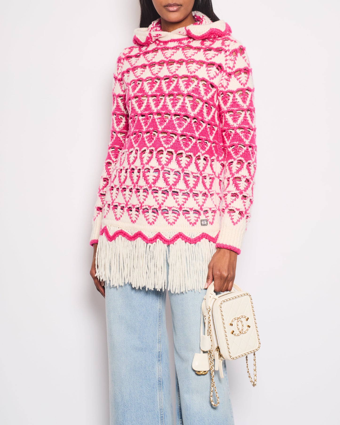 Chanel *HOT* Pink & Cream Knitted Hooded Jumper with Fringes Detail Size FR 36 (UK 8) Accessory