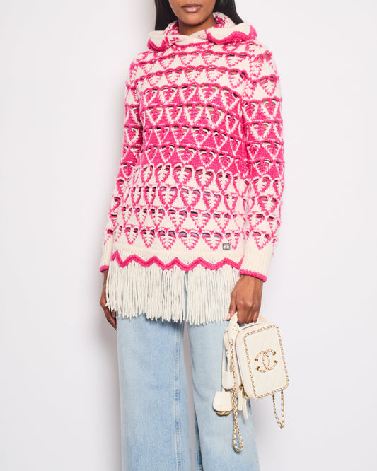 Chanel *HOT* Pink & Cream Knitted Hooded Jumper with Fringes Detail Size FR 36 (UK 8) Accessory