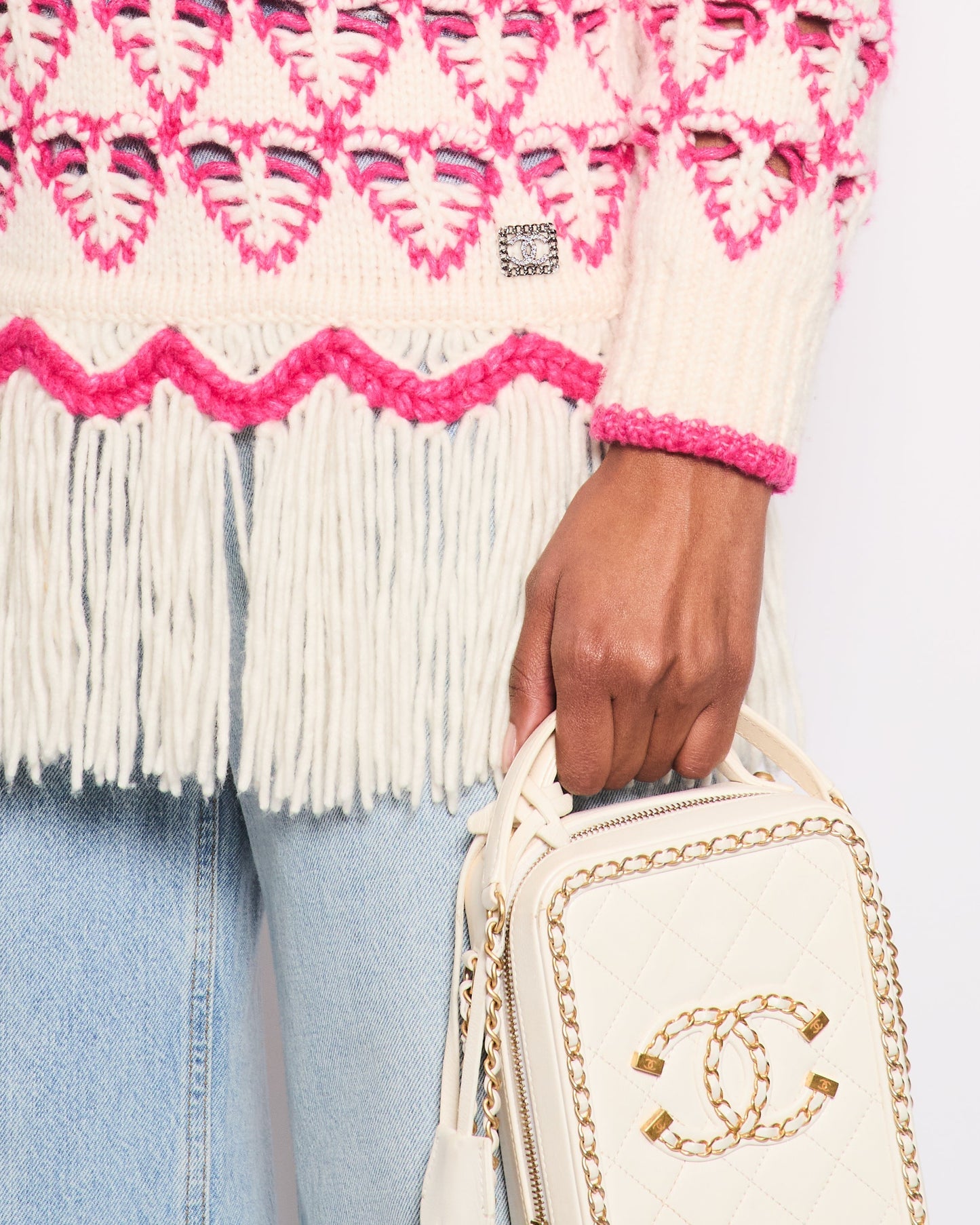 Chanel *HOT* Pink & Cream Knitted Hooded Jumper with Fringes Detail Size FR 36 (UK 8) Accessory