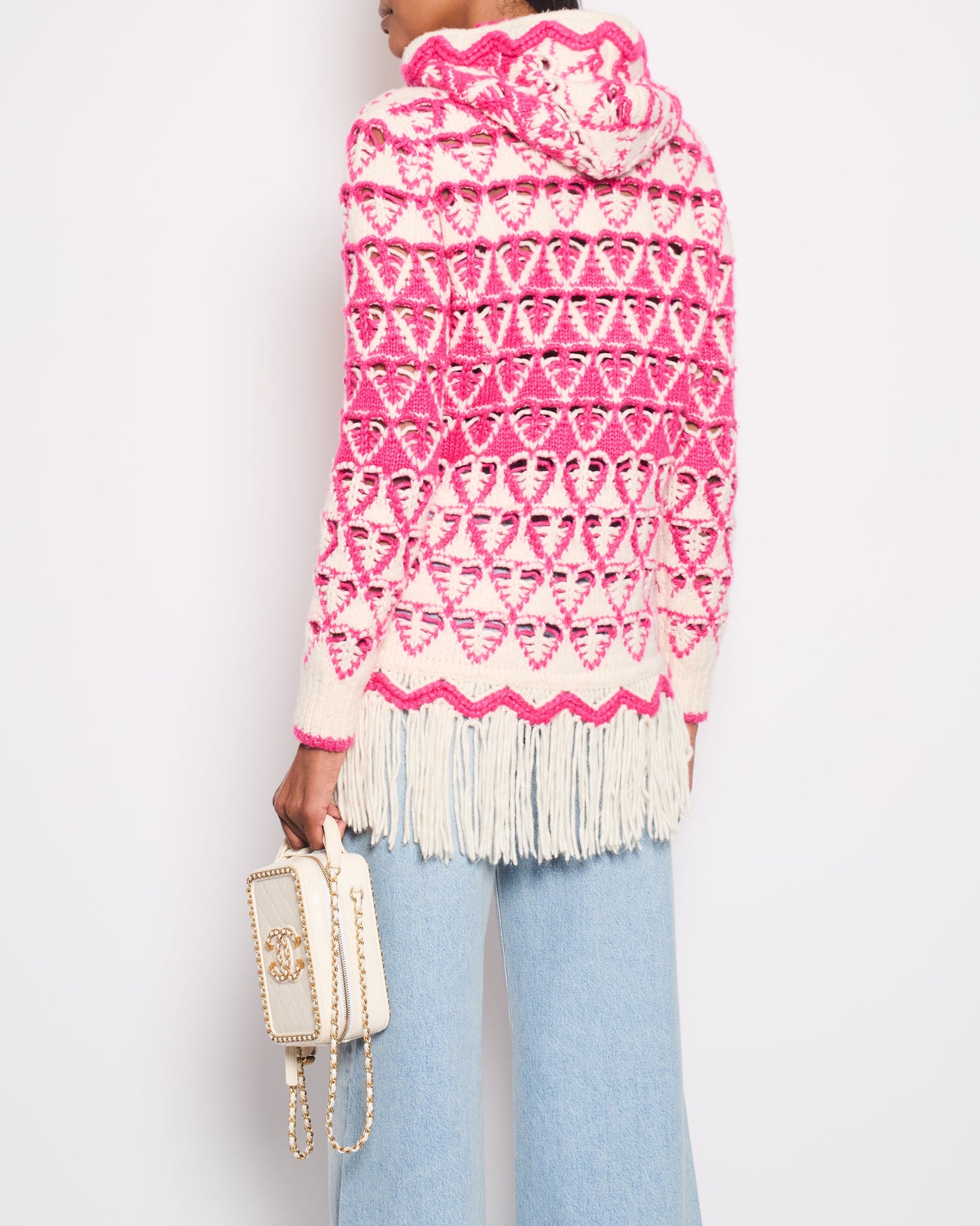 Chanel *HOT* Pink & Cream Knitted Hooded Jumper with Fringes Detail Size FR 36 (UK 8) Accessory