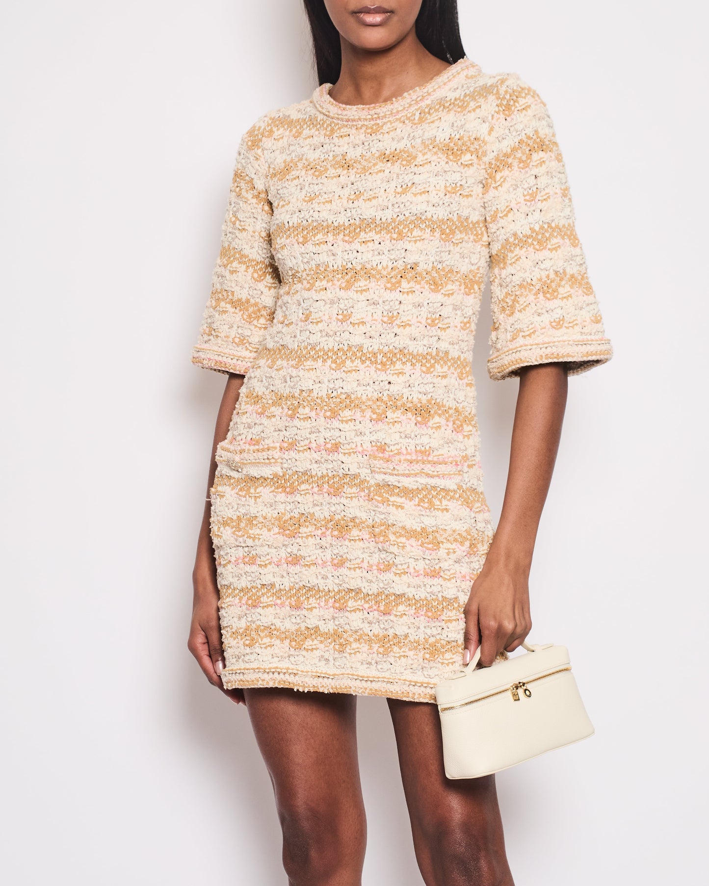 Chanel Ivory, Cream & Pink Tweed Dress with 3/4 Sleeves & Crystal Camelia Buttons Detail Set Size FR 34 (UK 6)
