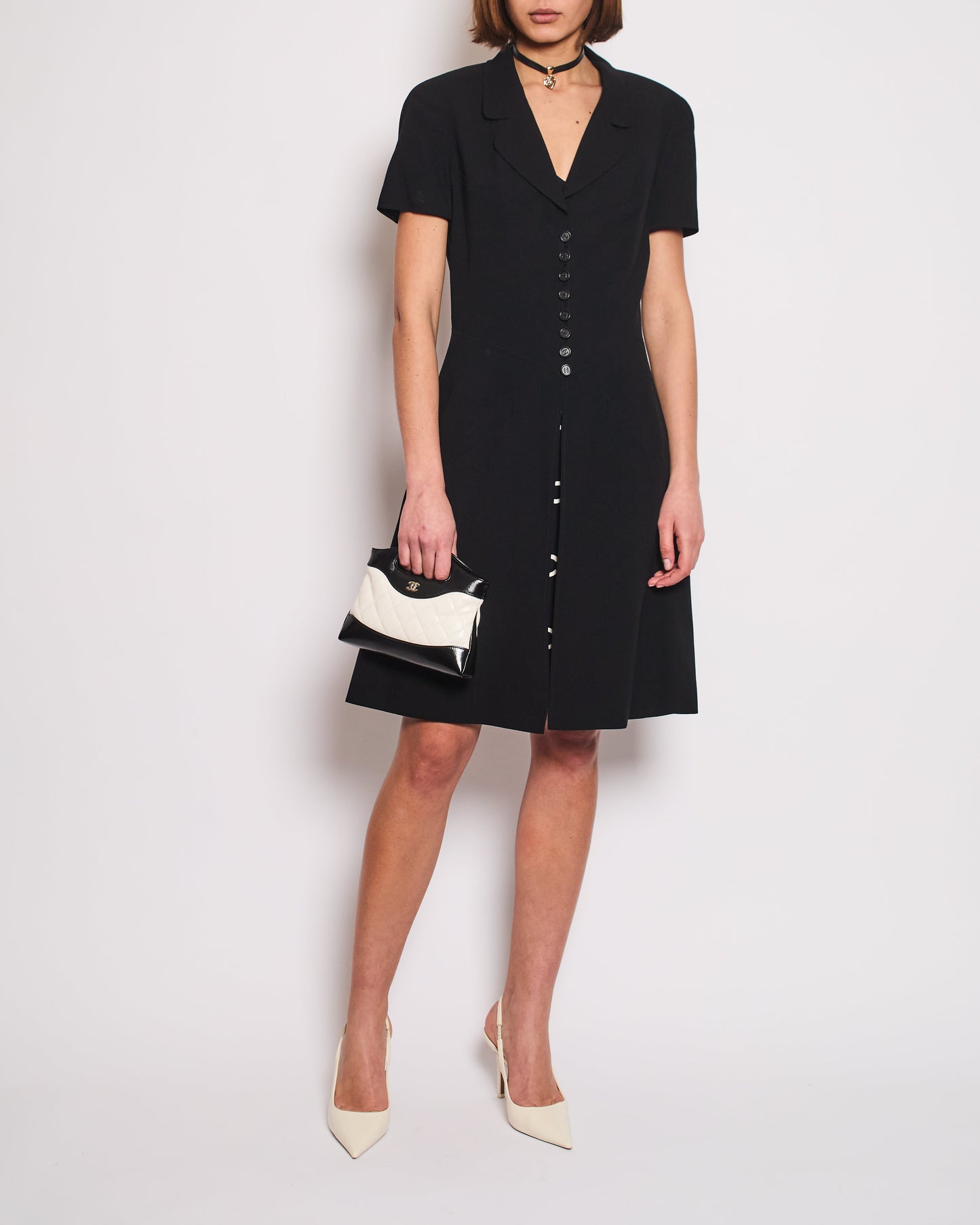 Chanel Runway 97/S Black, White CC Logo Slip Dress and Jacket Set with CC Button Size FR 42 (UK 14)