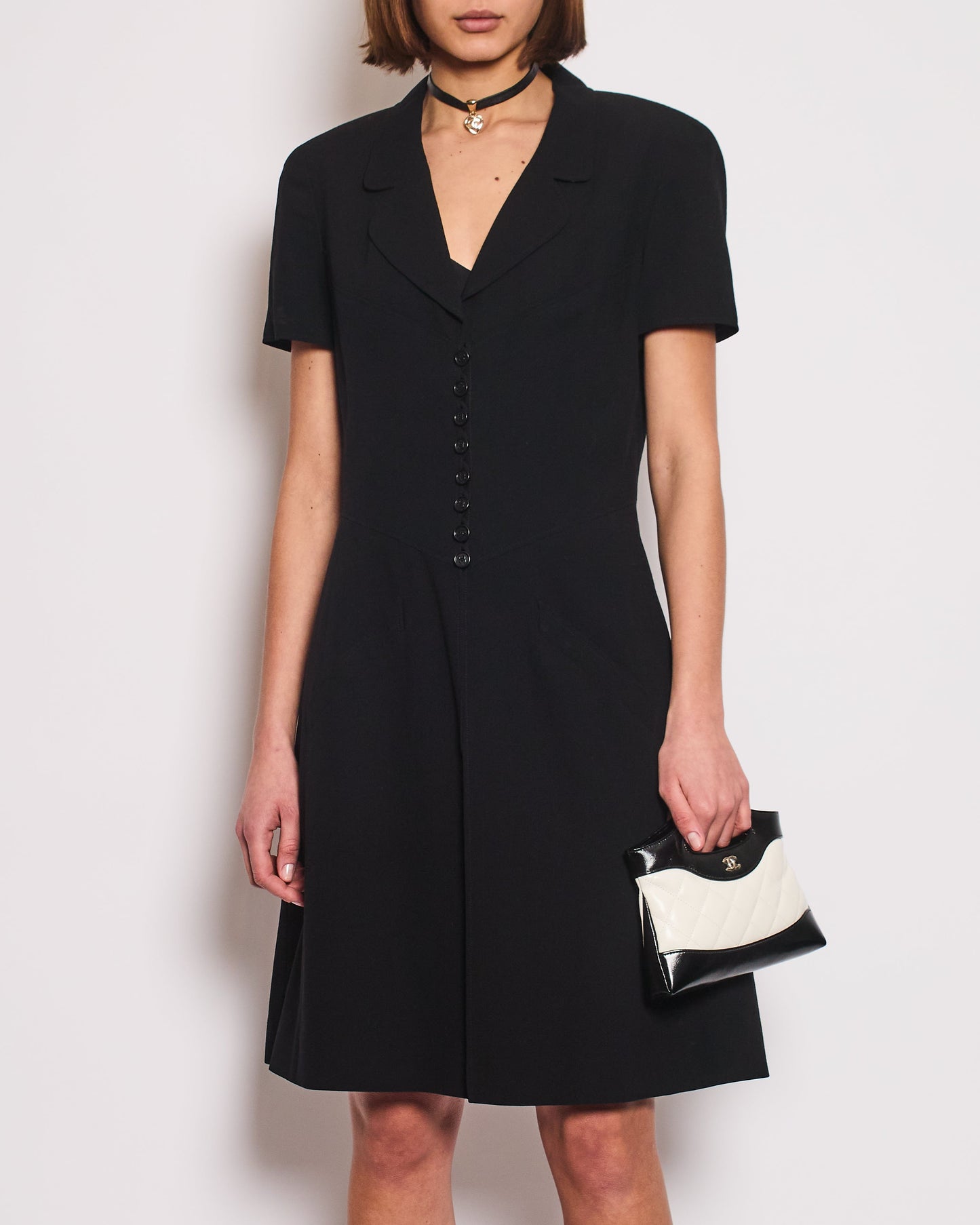 Chanel Runway 97/S Black, White CC Logo Slip Dress and Jacket Set with CC Button Size FR 42 (UK 14)
