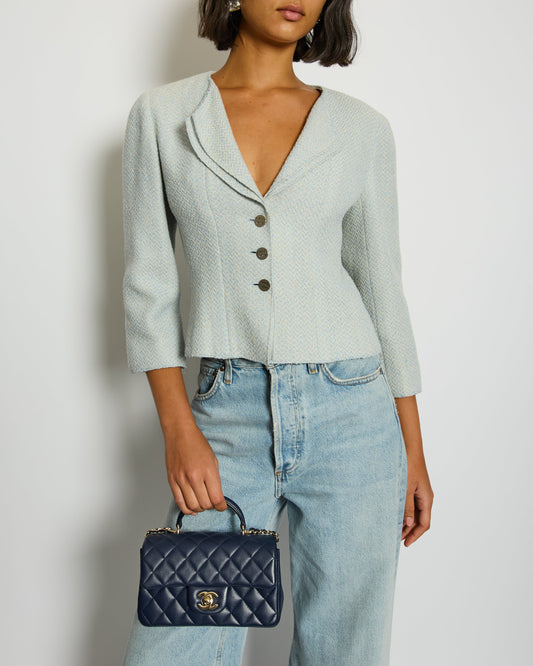 Chanel Baby Blue Tweed Jacket with Silver Logo Button Details Size FR 38 (UK 10)