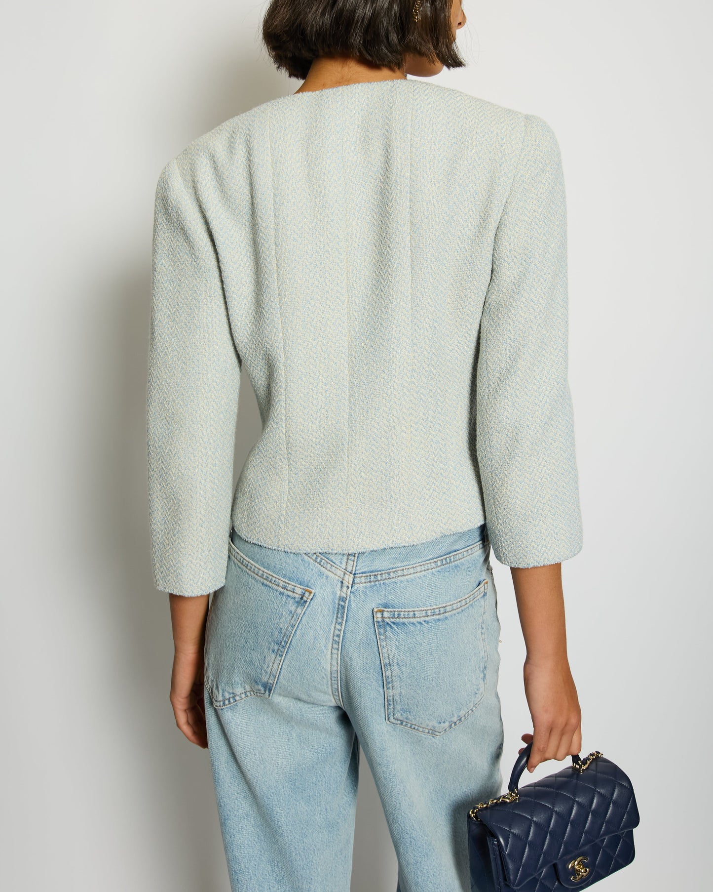Chanel Baby Blue Tweed Jacket with Silver Logo Button Details Size FR 38 (UK 10)