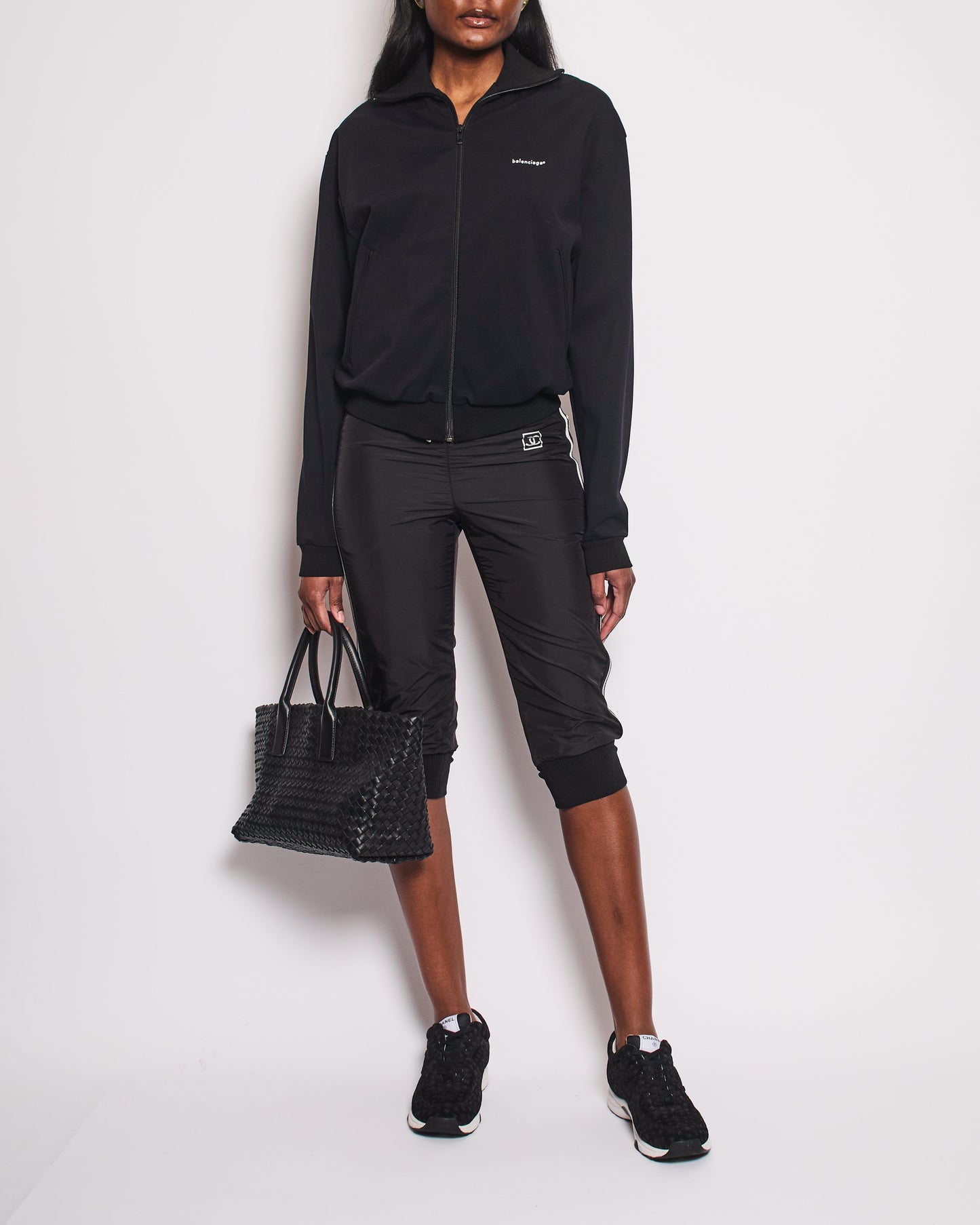 Chanel Black Nylon 3/4 Length Tro rs with Cuffed Leg Details and Silver Side Trims Size FR 34 (UK 6) Accessory