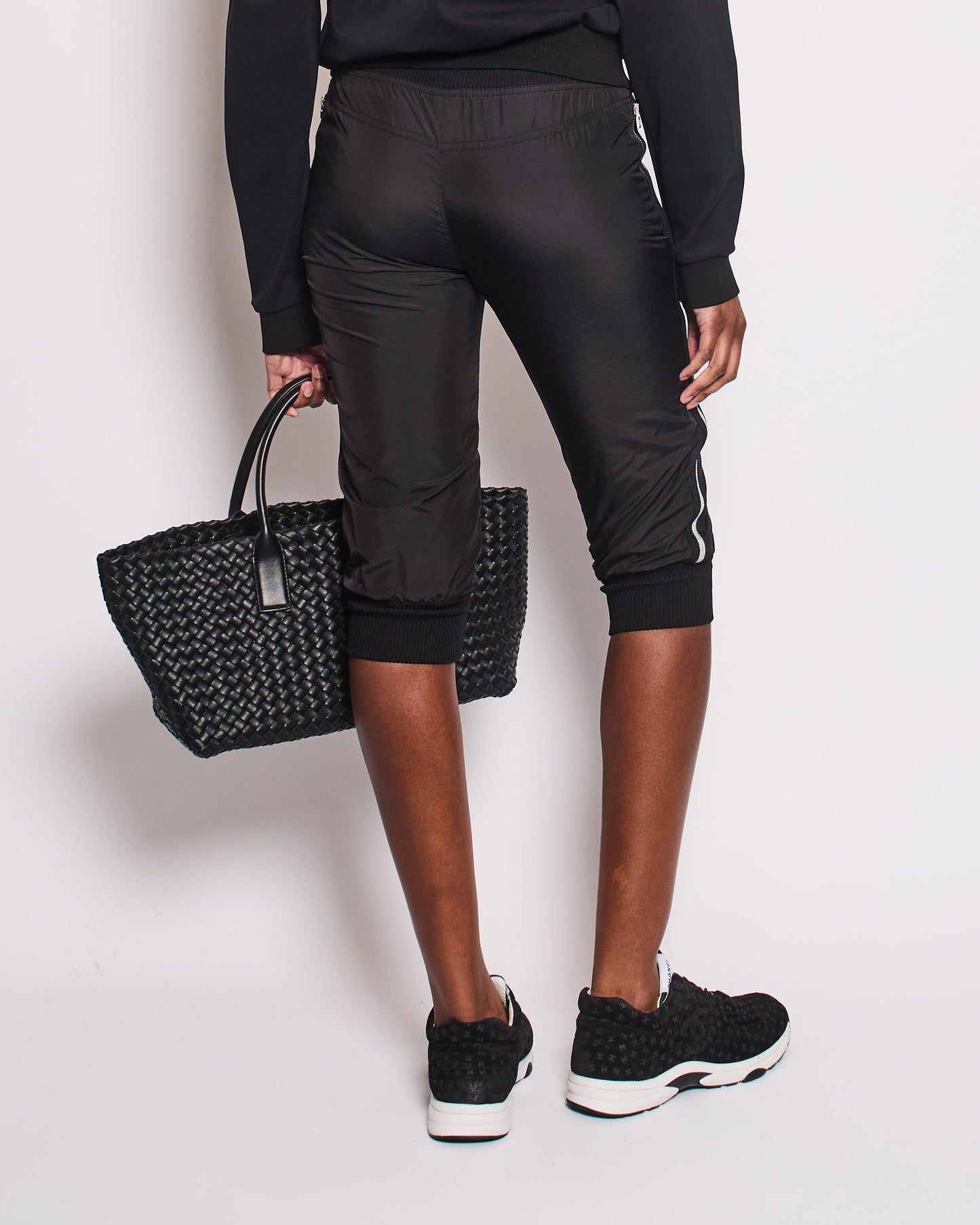 Chanel Black Nylon 3/4 Length Tro rs with Cuffed Leg Details and Silver Side Trims Size FR 34 (UK 6) Accessory