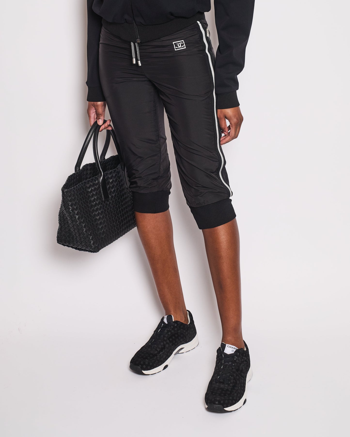 Chanel Black Nylon 3/4 Length Tro rs with Cuffed Leg Details and Silver Side Trims Size FR 34 (UK 6) Accessory
