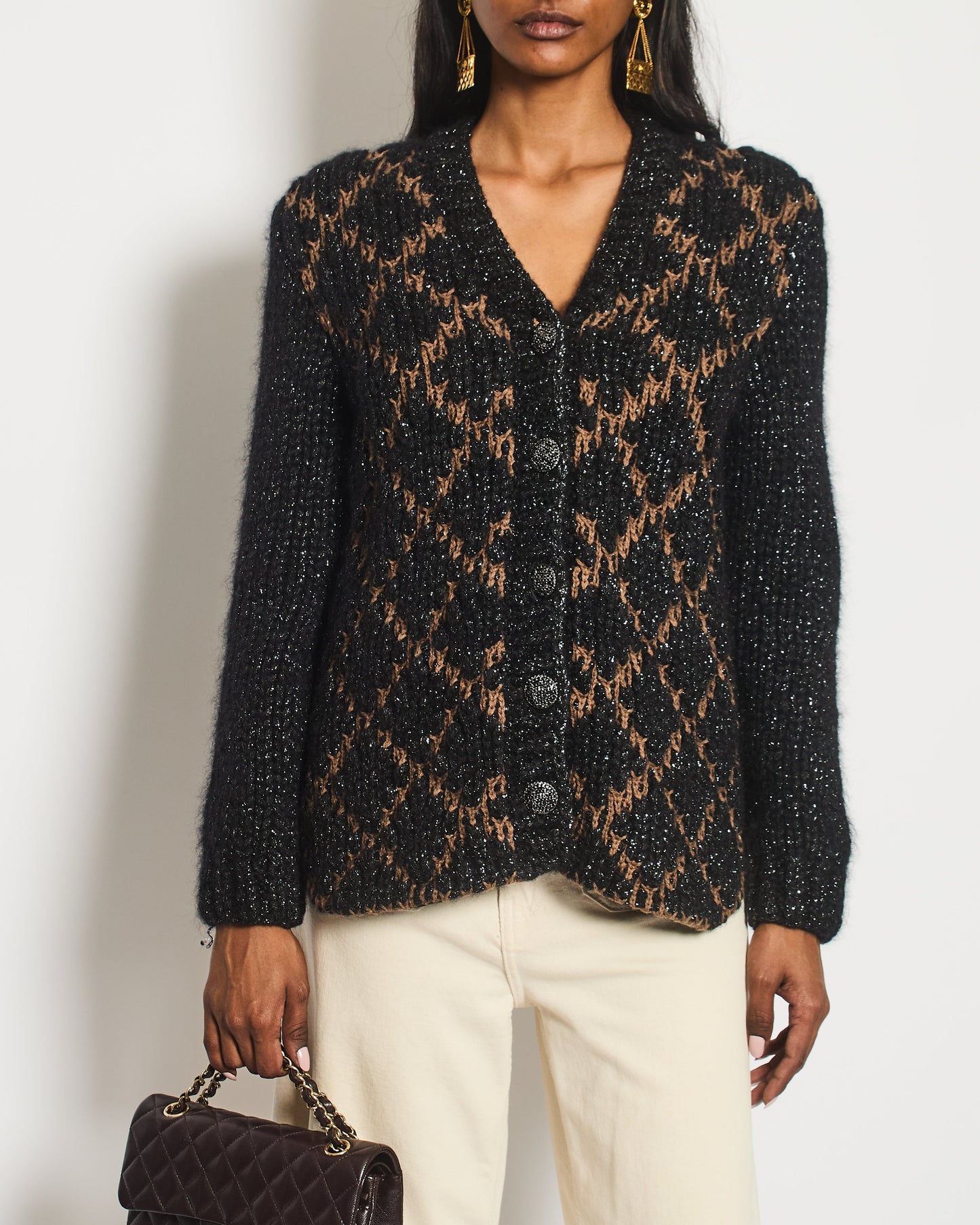 Chanel Black and Brown Quilted Mohair Cardigan with Silver Threads and Black Chain Button Details Size FR 34 (UK 6) Apparel