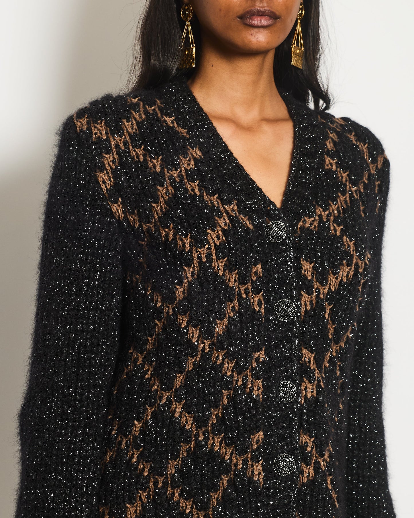 Chanel Black and Brown Quilted Mohair Cardigan with Silver Threads and Black Chain Button Details Size FR 34 (UK 6) Apparel