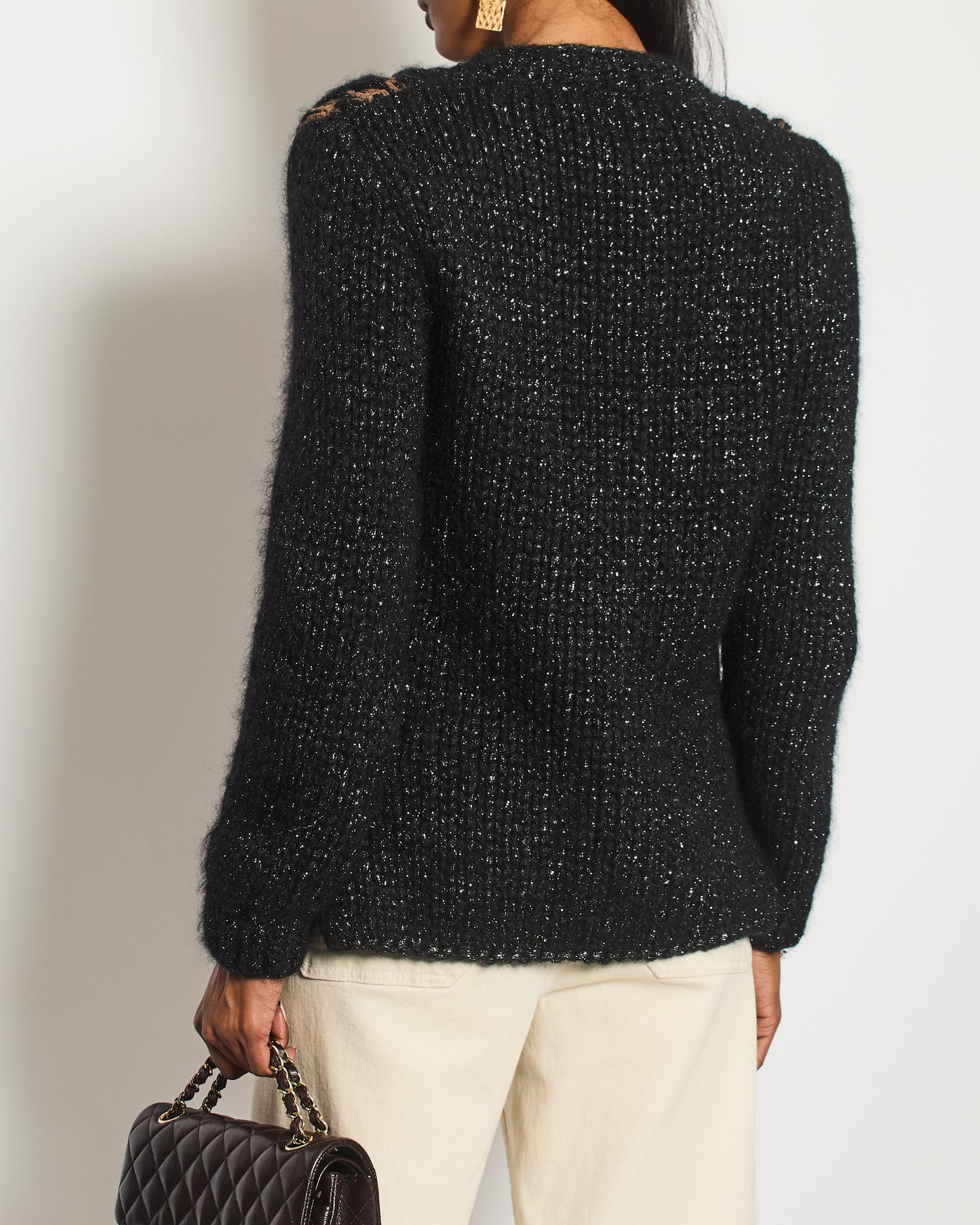 Chanel Black and Brown Quilted Mohair Cardigan with Silver Threads and Black Chain Button Details Size FR 34 (UK 6) Apparel