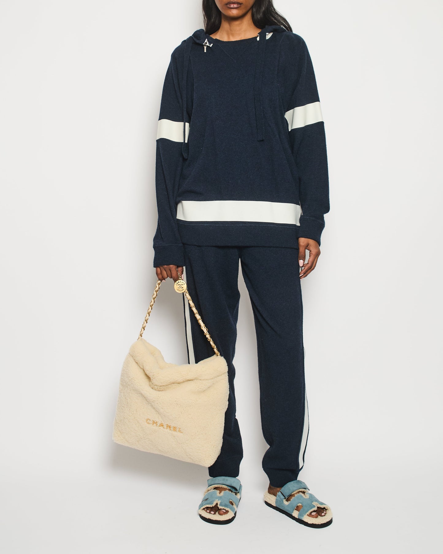 Chanel Navy Two-Piece Cashmere Tracksuit Set with Detachable Hood Detail Size FR 40 (UK 12) Accessory