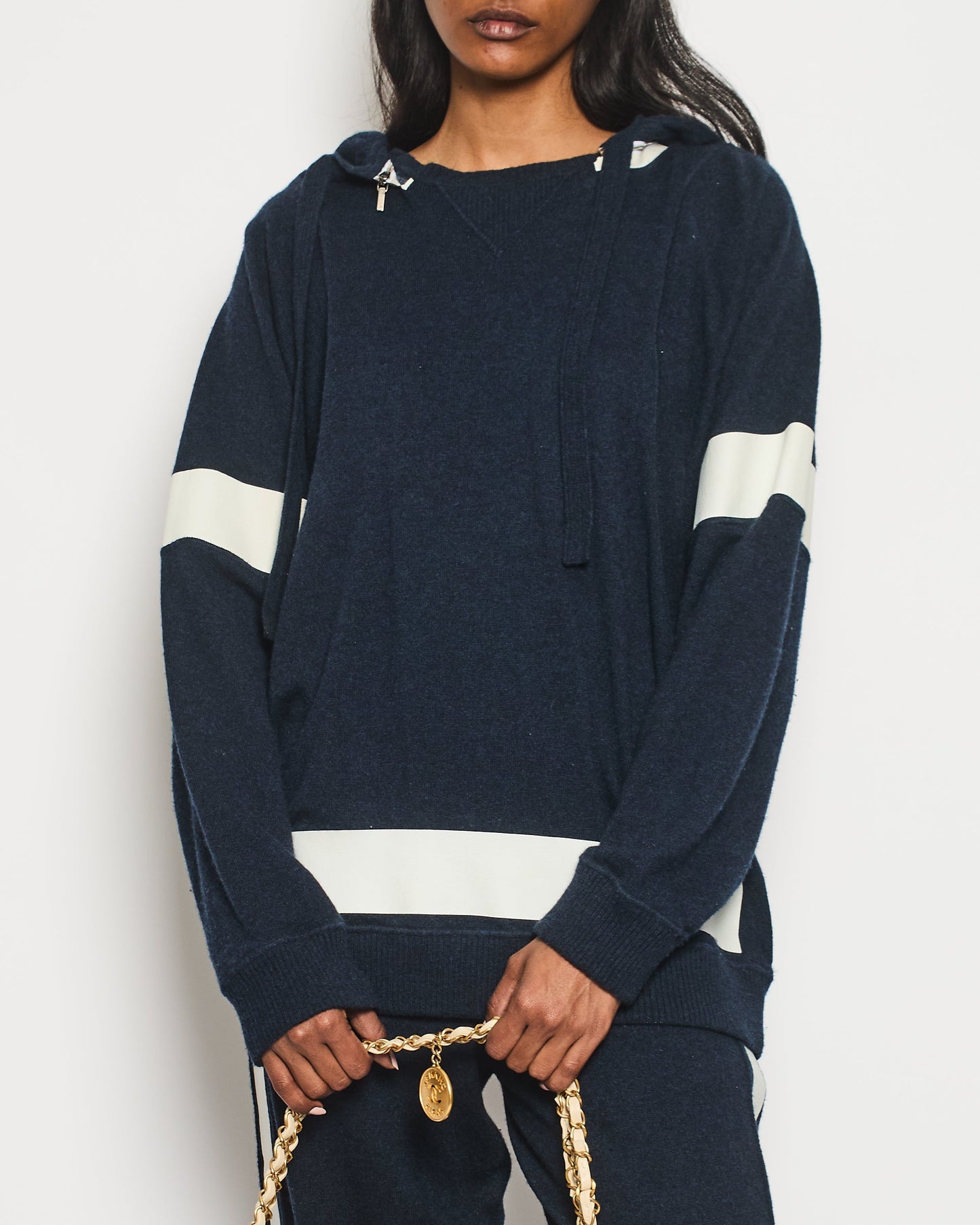 Chanel Navy Two-Piece Cashmere Tracksuit Set with Detachable Hood Detail Size FR 40 (UK 12) Accessory