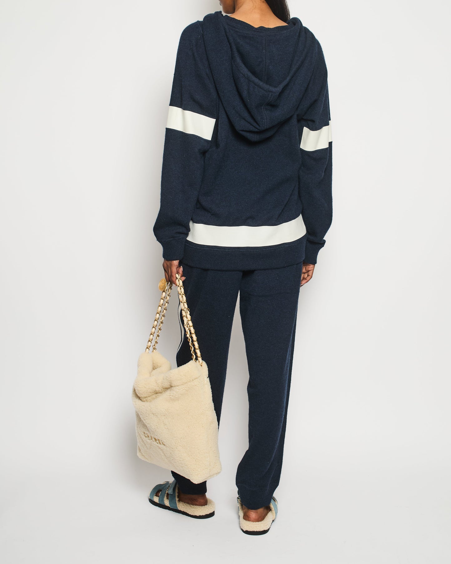 Chanel Navy Two-Piece Cashmere Tracksuit Set with Detachable Hood Detail Size FR 40 (UK 12) Accessory