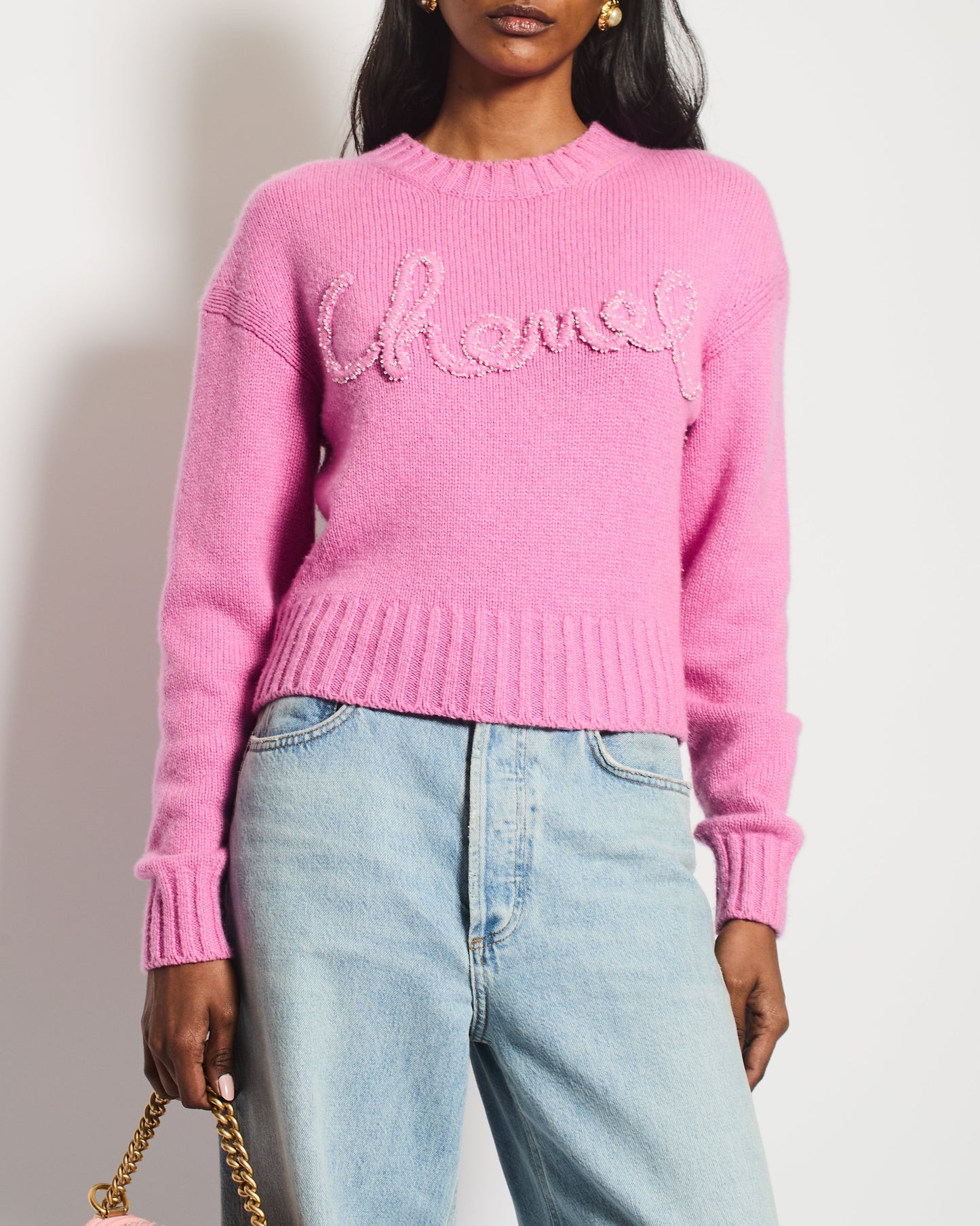 Chanel 20/B Pink Cashmere Jumper with Pearl Logo Detail Size FR 36 (UK 8) Accessory