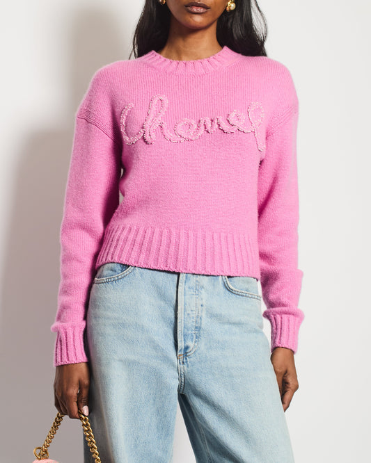 Chanel 20/B Pink Cashmere Jumper with Pearl Logo Detail Size FR 36 (UK 8) Accessory