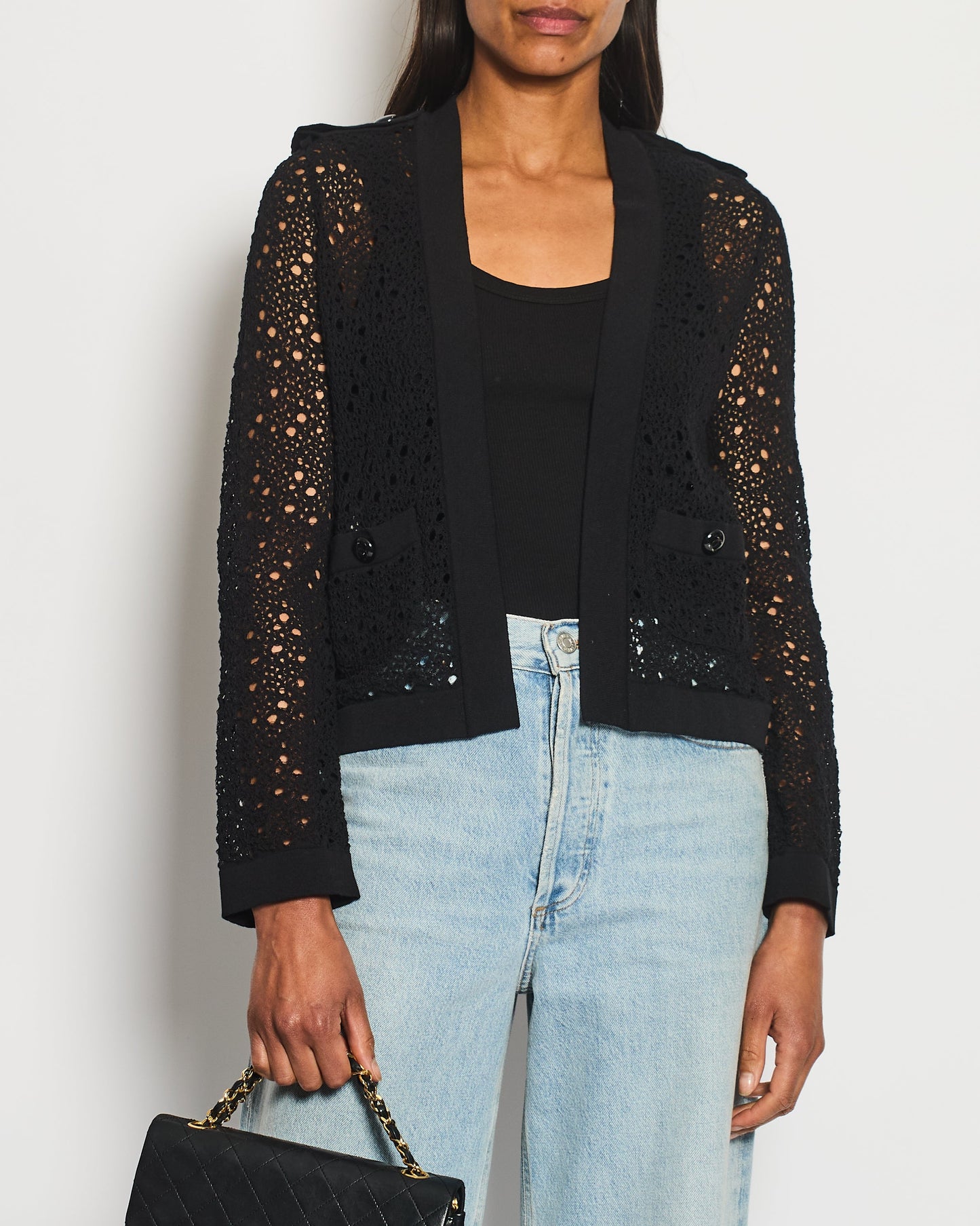 Chanel Black Crochet Cardigan with CC Logo Buttons Size FR 34 (UK 6) Apparel