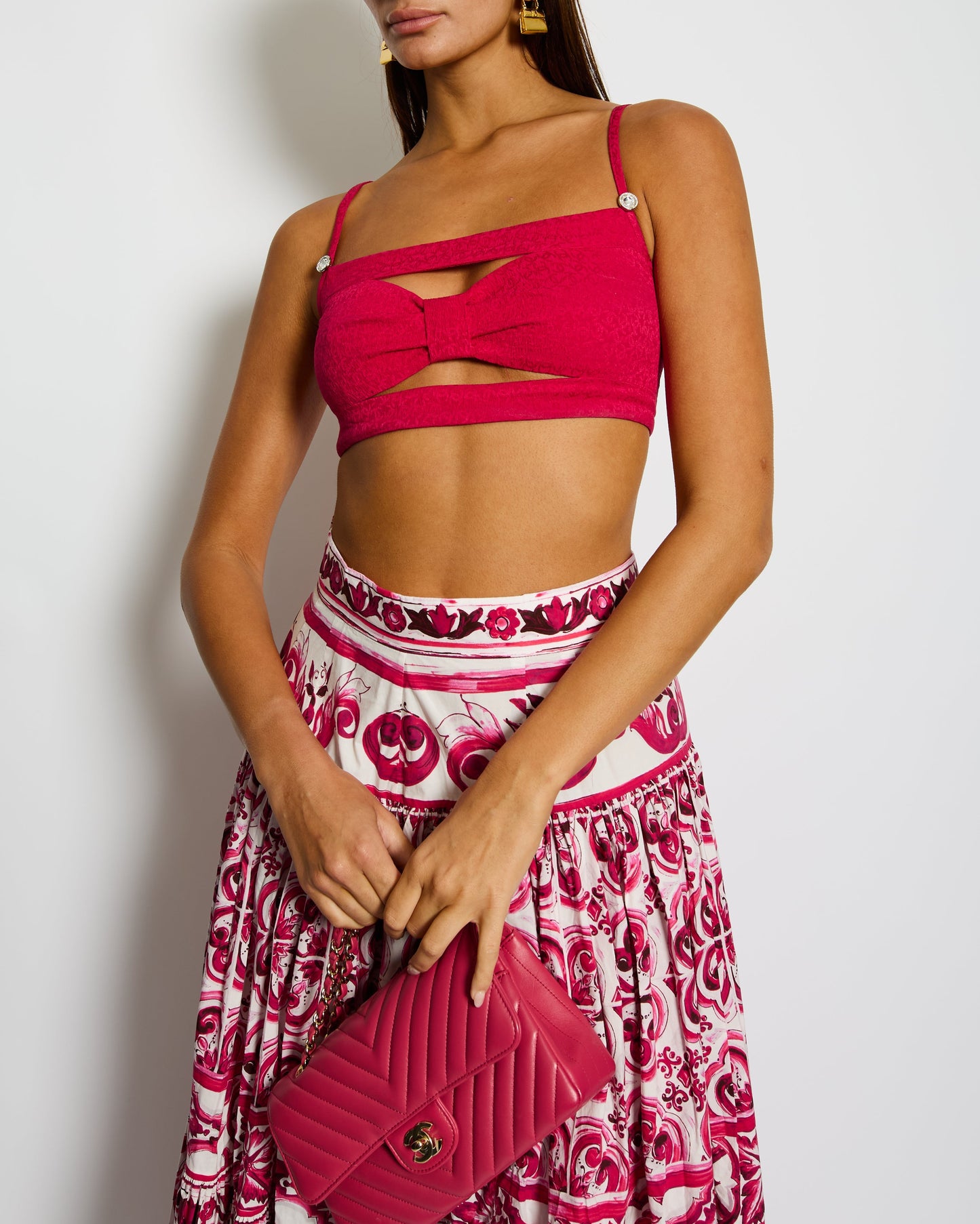 Chanel Raspberry Pink Silk CC Logo Printed Bralette Top with Crystal Details Size FR 38 (UK 10) Accessory
