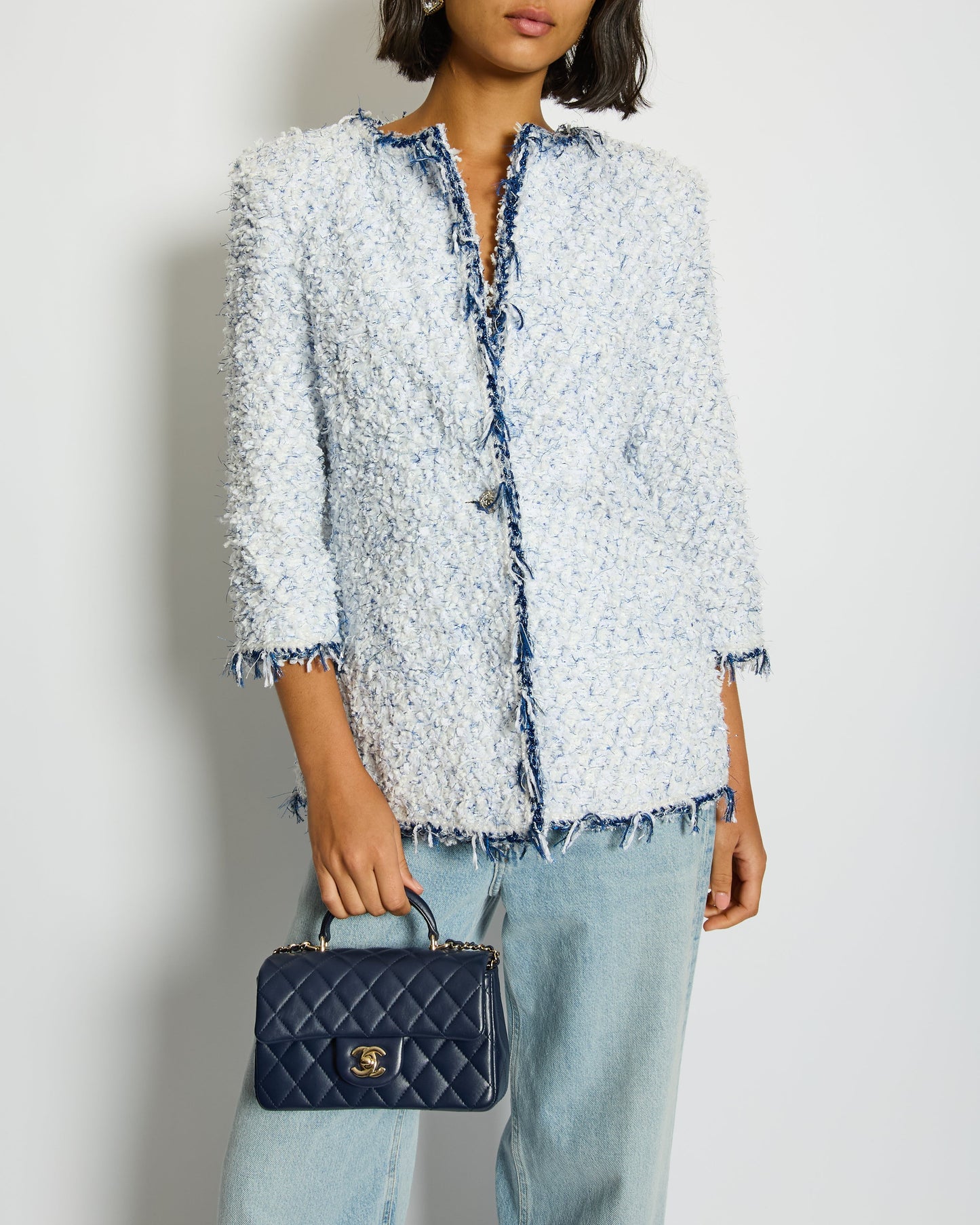 Chanel White and Blue Fantasy Tweed Jacket with Silver CC Logo Button Detail Size FR 38 (UK 10) RRP £5,100
