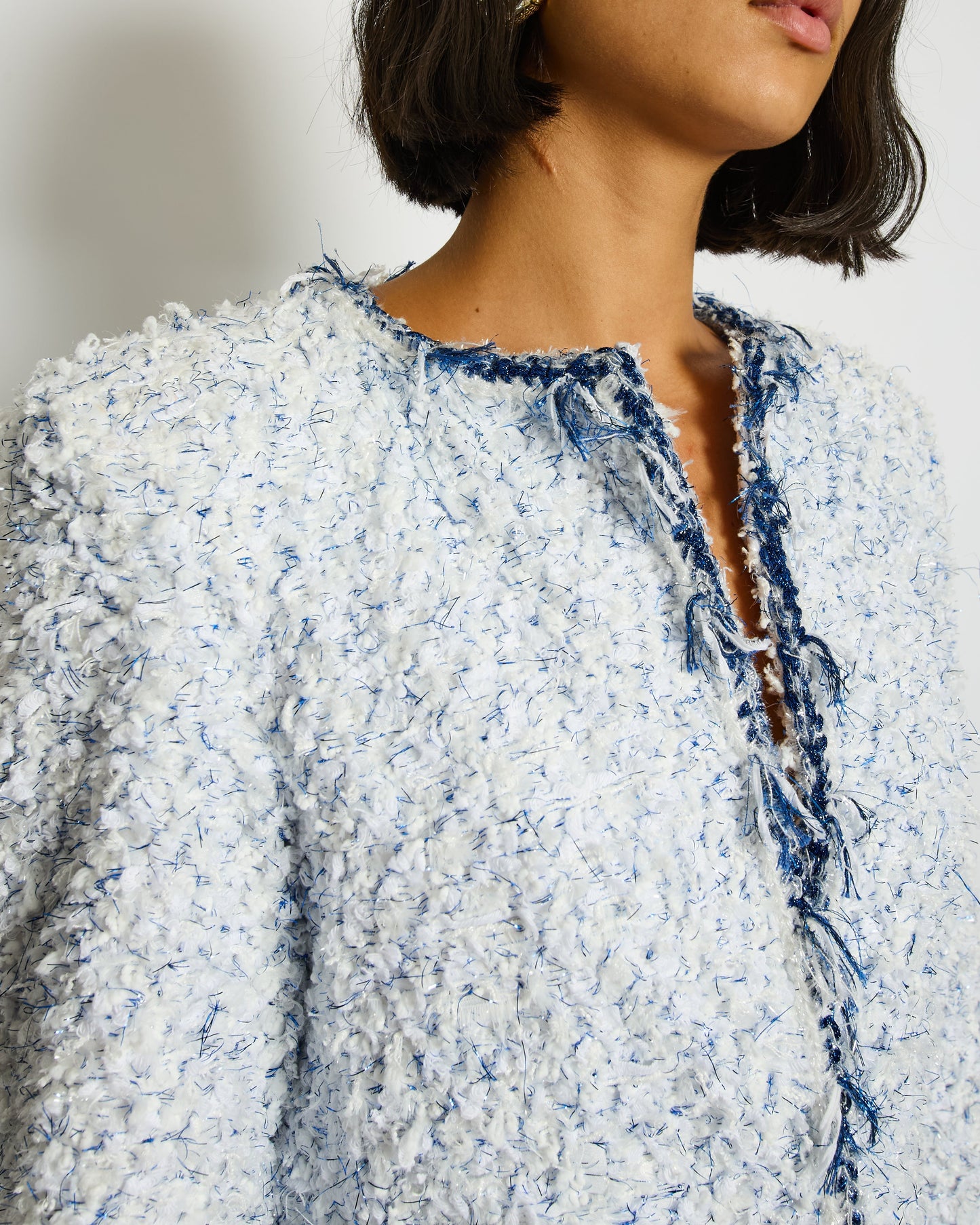 Chanel White and Blue Fantasy Tweed Jacket with Silver CC Logo Button Detail Size FR 38 (UK 10) RRP £5,100