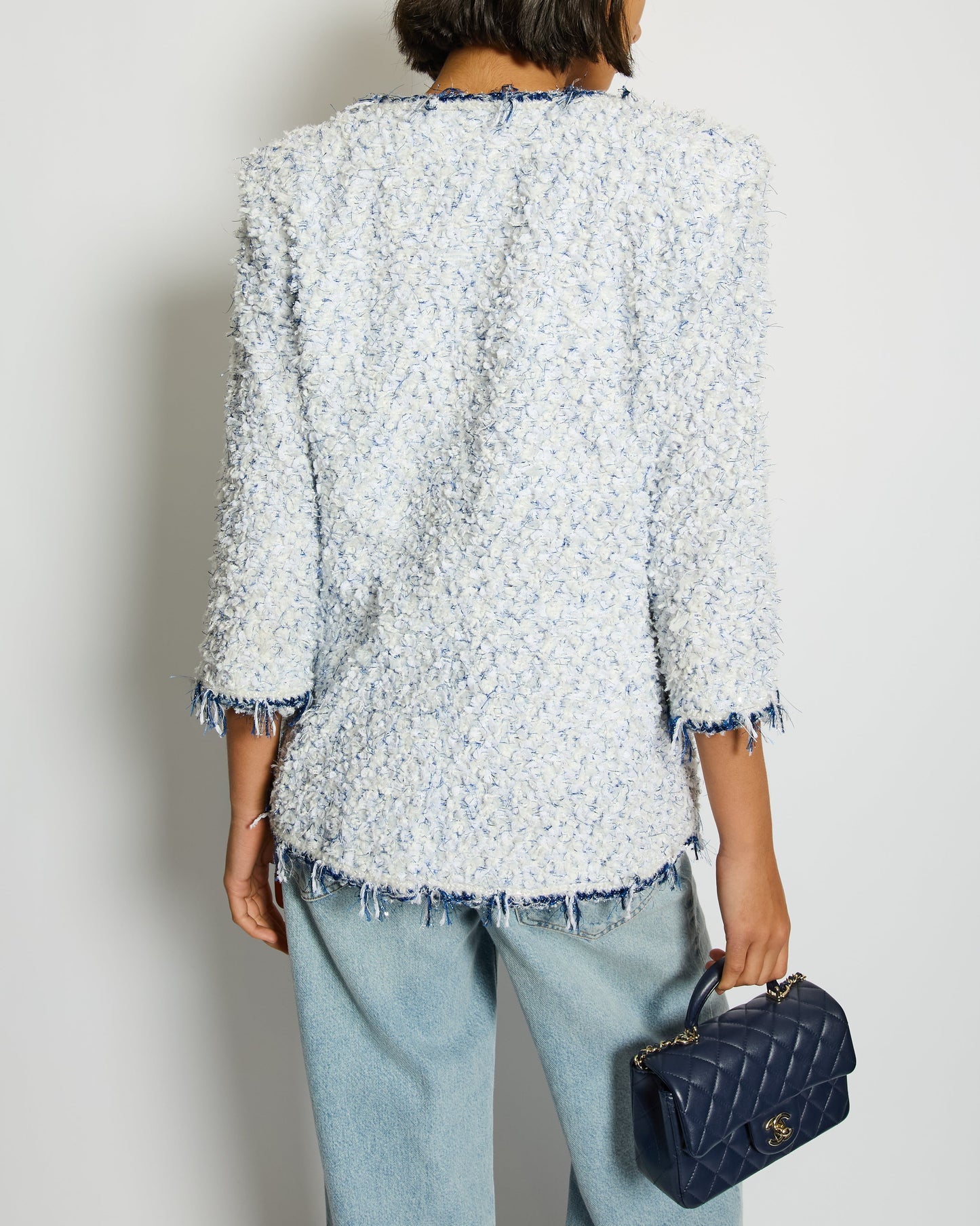 Chanel White and Blue Fantasy Tweed Jacket with Silver CC Logo Button Detail Size FR 38 (UK 10) RRP £5,100