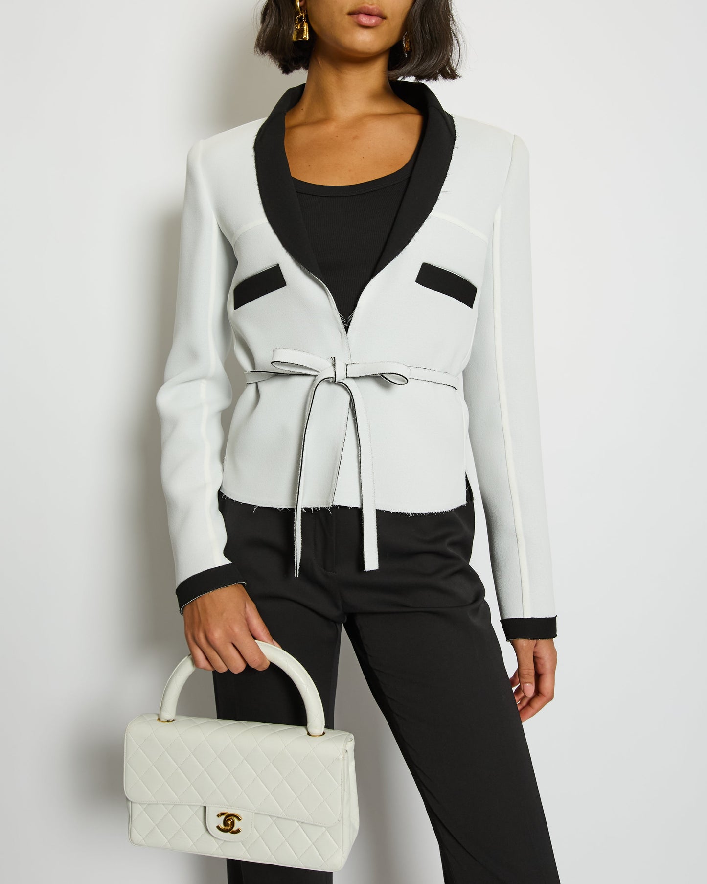 Chanel Pale Grey and Black Trim Jacket with Belt and CC Button Details Size FR 34 (UK 6) RRP £3,250