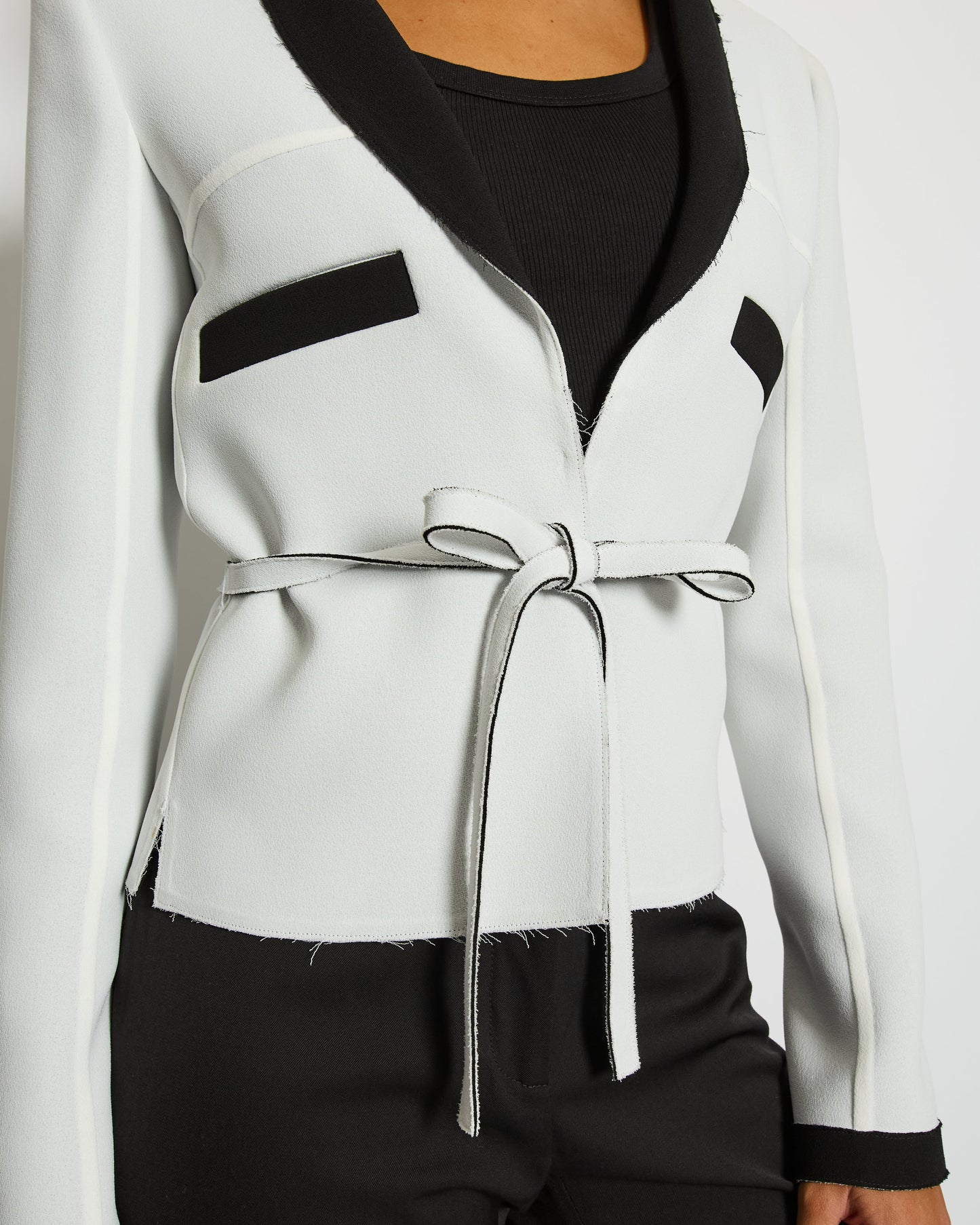 Chanel Pale Grey and Black Trim Jacket with Belt and CC Button Details Size FR 34 (UK 6) RRP £3,250