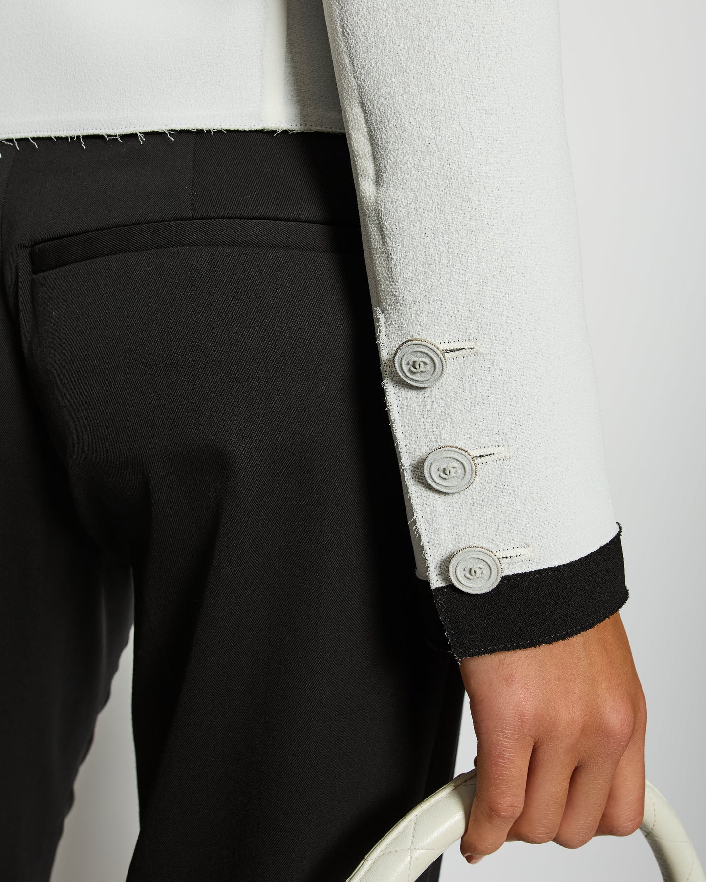 Chanel Pale Grey and Black Trim Jacket with Belt and CC Button Details Size FR 34 (UK 6) RRP £3,250