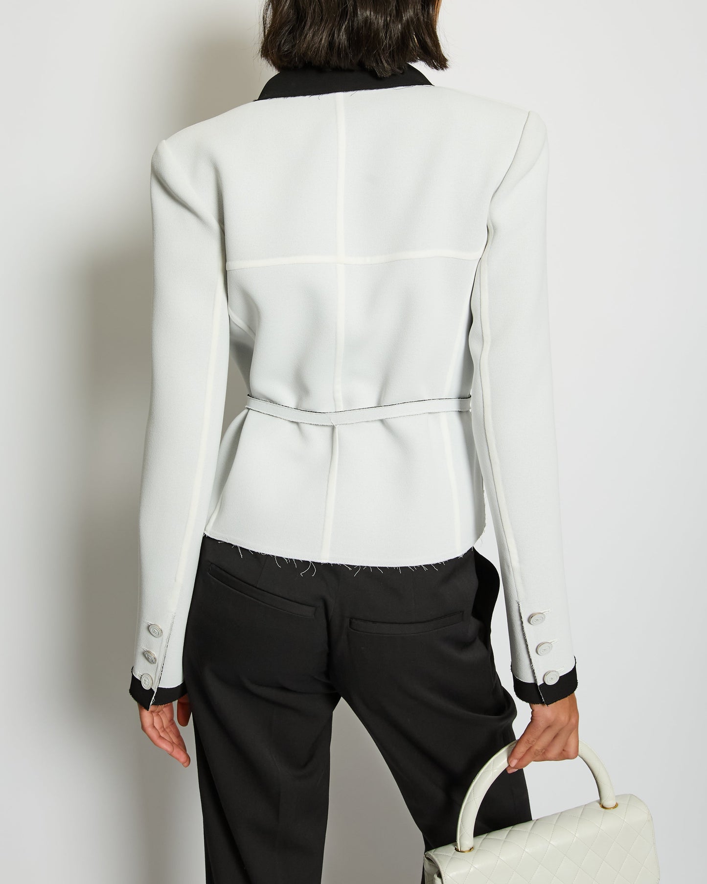 Chanel Pale Grey and Black Trim Jacket with Belt and CC Button Details Size FR 34 (UK 6) RRP £3,250