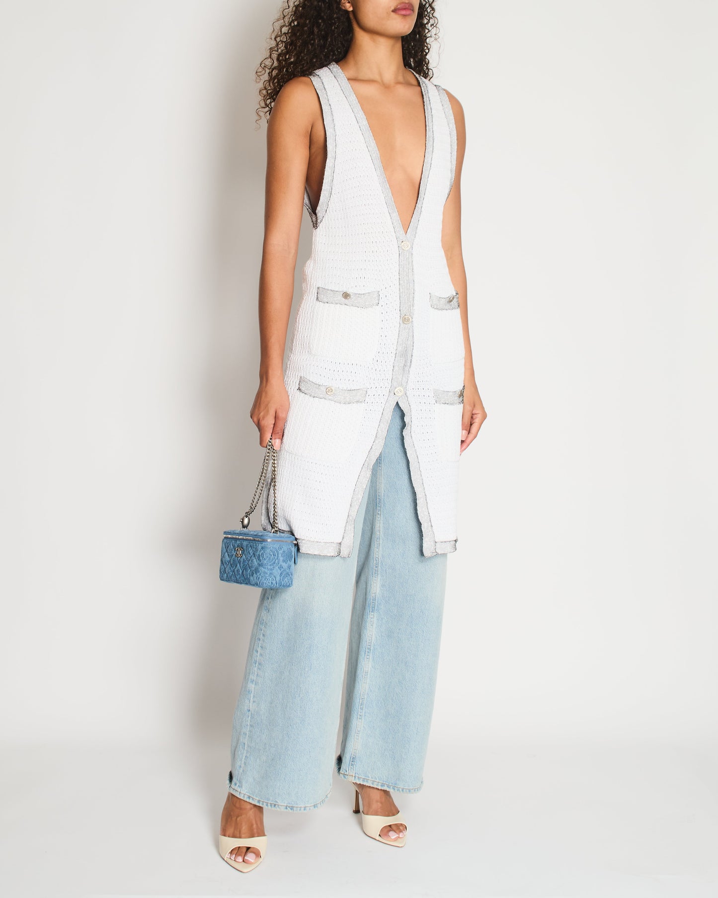 Chanel White Long Line Button Down Vest with Pocket Detail FR 38 (UK 10) Accessory