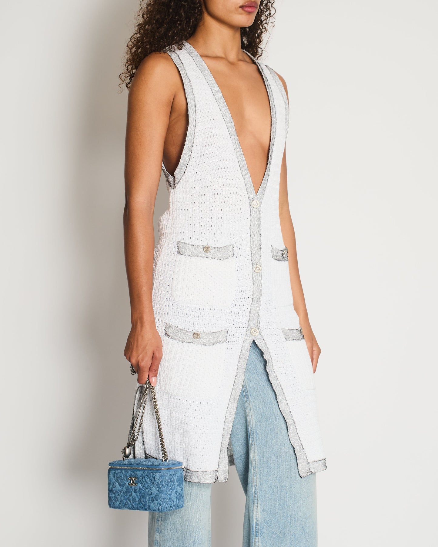 Chanel White Long Line Button Down Vest with Pocket Detail FR 38 (UK 10) Accessory